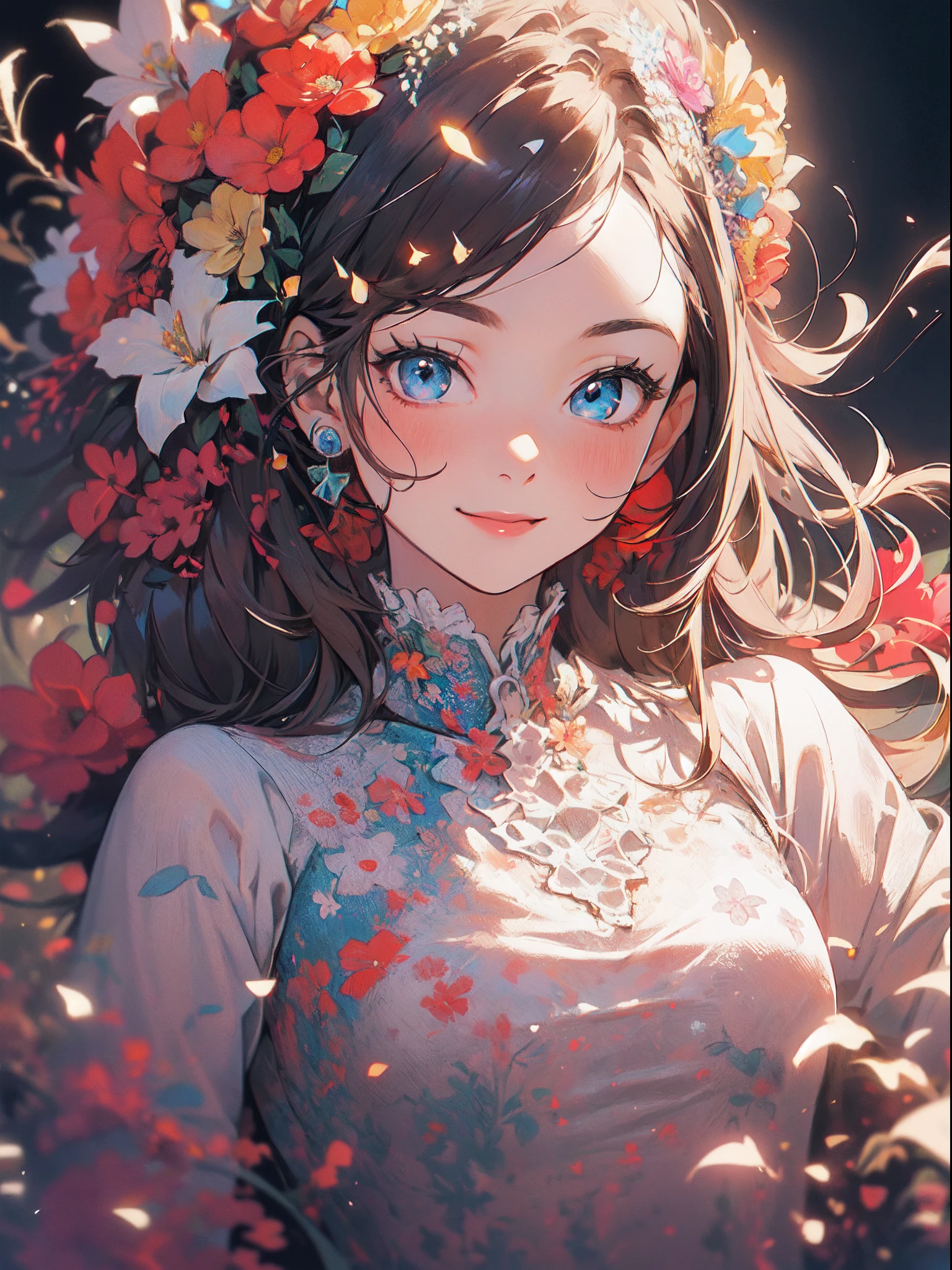 ((flowercrown),((Congratulations)),Flower bouquet，innocent smiles、eye glass、veranda、ancient city、(1 girl, Solo:1.6),(Cute smile),(Clothes are simple), (Best Impact:1.5), (maximalism:1.7), Vivid contrast, (Realistic), hyperrealistic illustrations, hight resolution, ultra-detailliert, absurderes,(Fractal Art:1.3)、Random hairstyle、Random hair color colorful、FULL BODYSHOT、Retro、Precise focus、randome pose、cinema4d、Drama