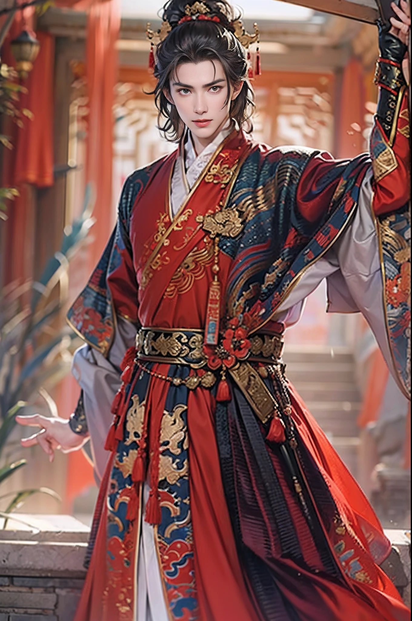 (((tmasterpiece))).(sportrait:1.3,)Palace，Hanfu groom，Red Hanfu，Solemn，(orthofacial)，(((A handsome man)))，skin detailed，(He wears a red Chinese costume，)k hd，higher details，movie picture quality，