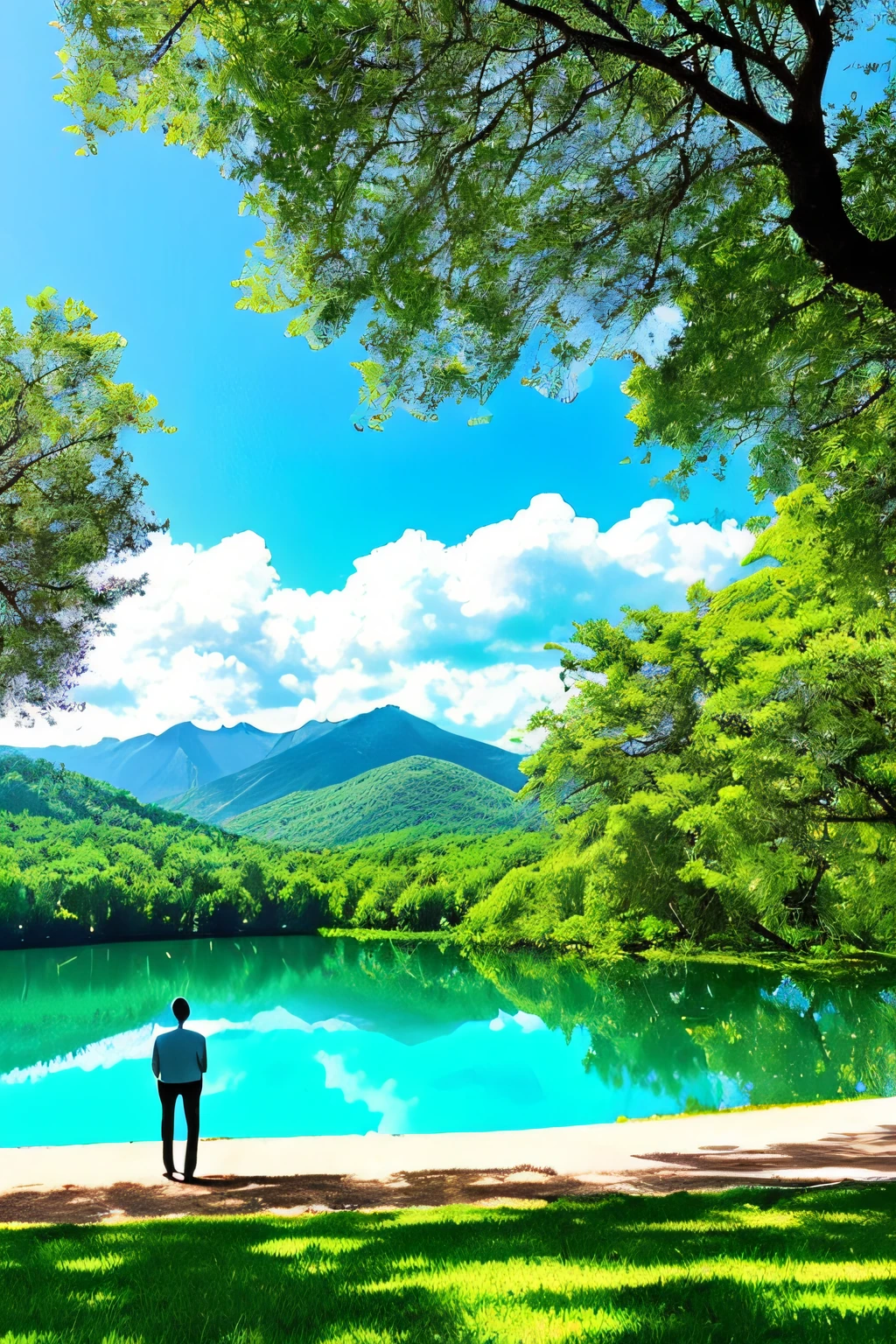 ar livre, heaven, nuvem, dia, paisagem, tree, blue skies, lindo lago, montanhas e um velho homem contemplando a natureza