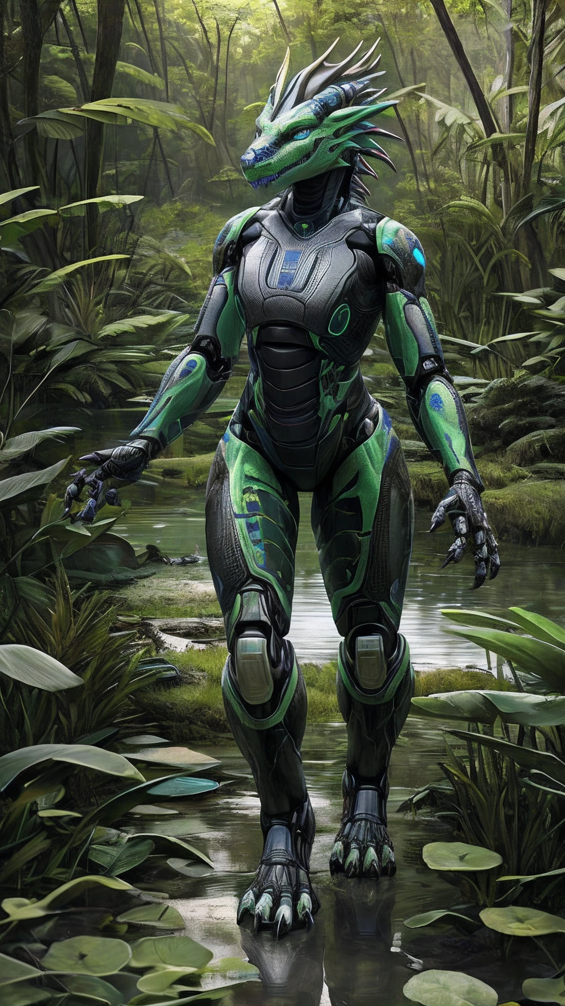 Bionic robot dragon,female,Android,Red Lingeri,sandals,Stuck in a swamp,HD graphics,Detailed and realistic,high detal,high qulity,photo-realistic,photorealistic eye,Detailed paws,Clear eyes,Masterpiece artwork,Five-fingered hands