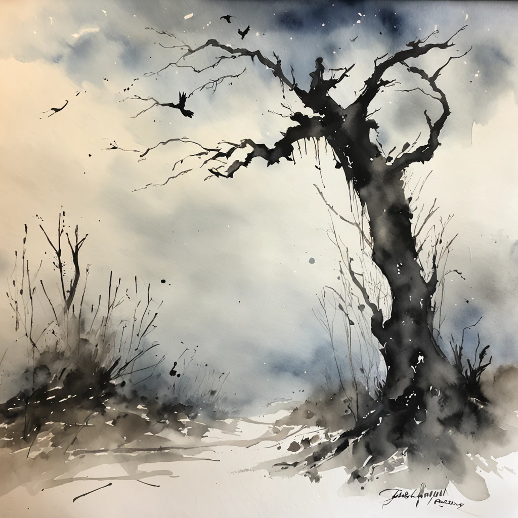 Two crows in a dead tree, Uma sombra em Forma de andador, Noite estrelada, Thick fog on the ground, Luz azul no horizonte, Motor Unreal 5, cinemactic, Low-angle photography, motion blur, proFundidade de campo, dust, Cobblestones and dirt. arte splash, pingando tinta. Perfect color classification. inFluenciado por karel Appel e jeremy mann, Full of dramatic and threatening scenes, hiper-detalhado, Beautiful, detalhes insanos, detalhes intrincados, FotograFia Editorial, FotograFado com uma lente de 50mm, proFundidade de campo, Tilt Blur, Velocidade do obturador 1/1000, F/22. Mapas de luz, super brilhante