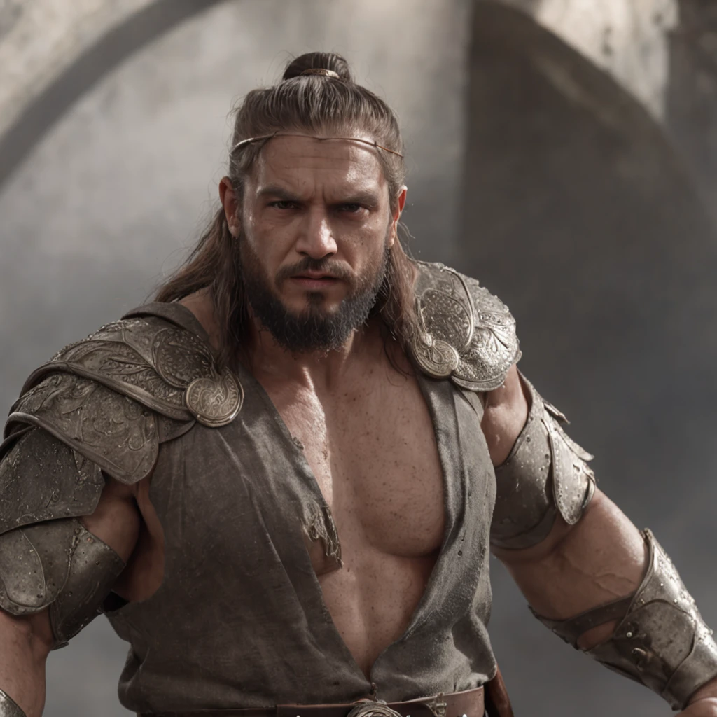 (Professional 3D rendering:1.3) de (Realistic:1.3) Foto de arte mais bonita do mundo，Features soft, bright male heroes, ((Epic hero fantasy rough muscular man wet hero angry look long hair short beard WITH CROWN ON HEAD and fierce expression in dynamic pose, fantastic location, majestoso ambiente desordenado)), corpo inteiro 8k unidade render, action shot, poros da pele, very dark lighting, sombreamento pesado, circunstanciado, Rosto detalhado, (vibrante, fotogrdeia realista, Realistic, Dramatic, Escuro, foco nítido, 8k), (Old leather clothes damaged by bad weather:1.4), ((((Use peles)))), (intrincado:1.4), decadente, (altamente detalhado:1.4), pintura digital, rendering by octane, art stations, Conceito-Arte, liso, foco nítido, illustration, germe da arte, (Loish:0.23), Wlop Ilya Kuvshinov, e Greg Rutkowski e Alphonse Mucha Gracias, (global ilumination, studiolight, Light Volumetric), chuva forte, floating particles, patife, fantasia, Onze, corpo inteiroesbian, ((Fundo escuro e antigo da cidade:1.3)),CGSesociedade,art stations