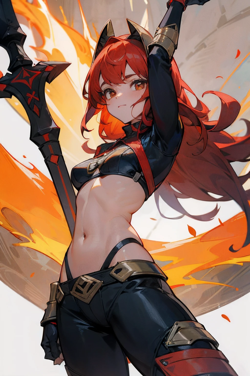 "mujer, female, rostro sadico, artista marcial","cabello corto, red-hair", "llamas, fuego, lava, magma","Vestido de armadura, robusta, armadura corta, ropa deportiva, armadura bikini, falda de armadura, falda de armadura completa, sin casco, abdomen desnudo, falda semi-larga, guantes con picos, espinilleras con picos, sin casco, pecho con armadura, artista marcial"