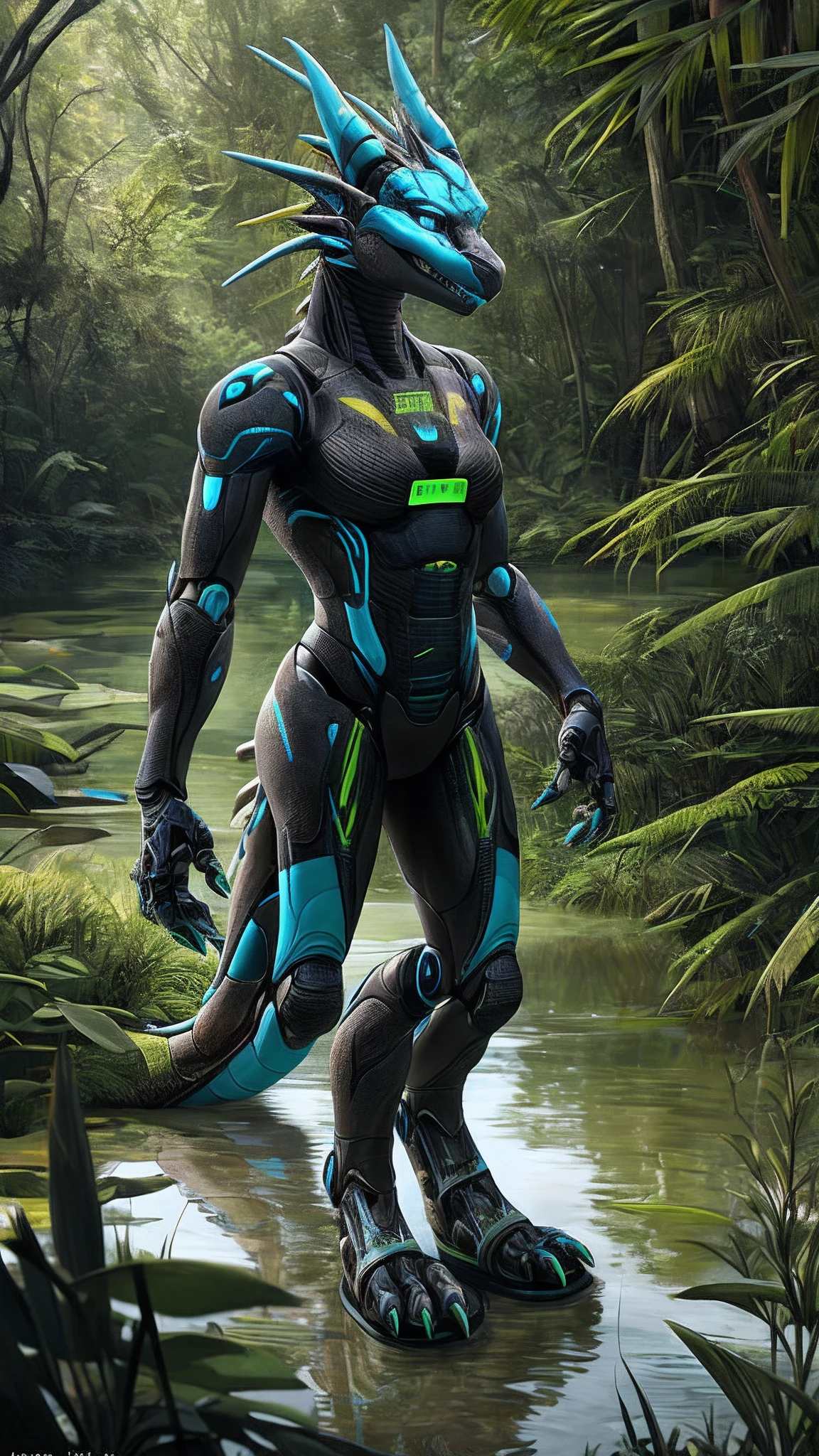 Bionic robot dragon,female,Android,Red Lingeri,sandals,Stuck in a swamp,HD graphics,Detailed and realistic,high detal,high qulity,photo-realistic,photorealistic eye,Detailed paws,Clear eyes,Masterpiece artwork,Five-fingered hands