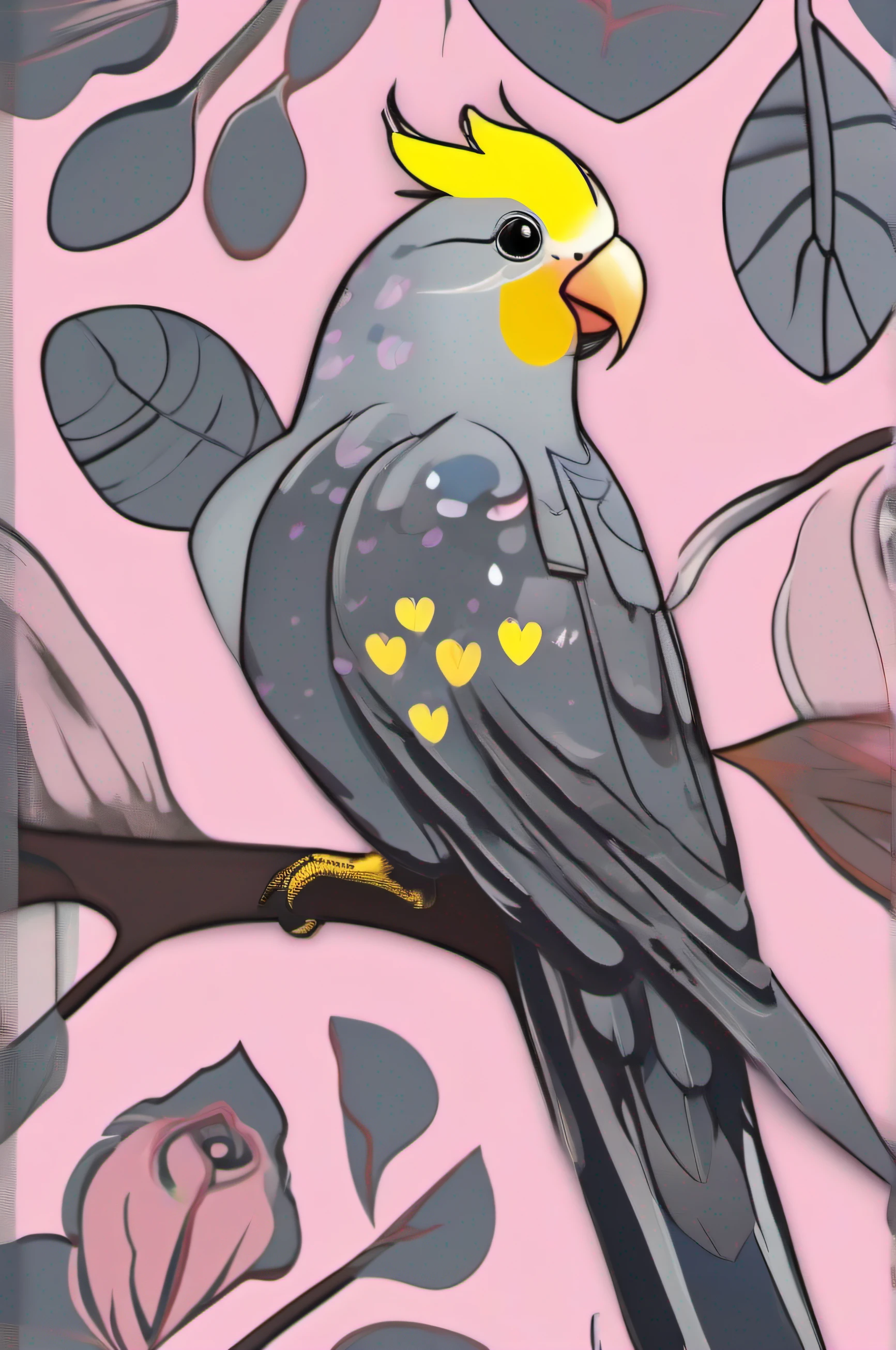 Generate an image of a grey cockatiel with a yellow face and pink cheeks, with a raised and slightly curved crest, open beak, and raised wings, perched on a branch with fabric pattern leaves in the background.