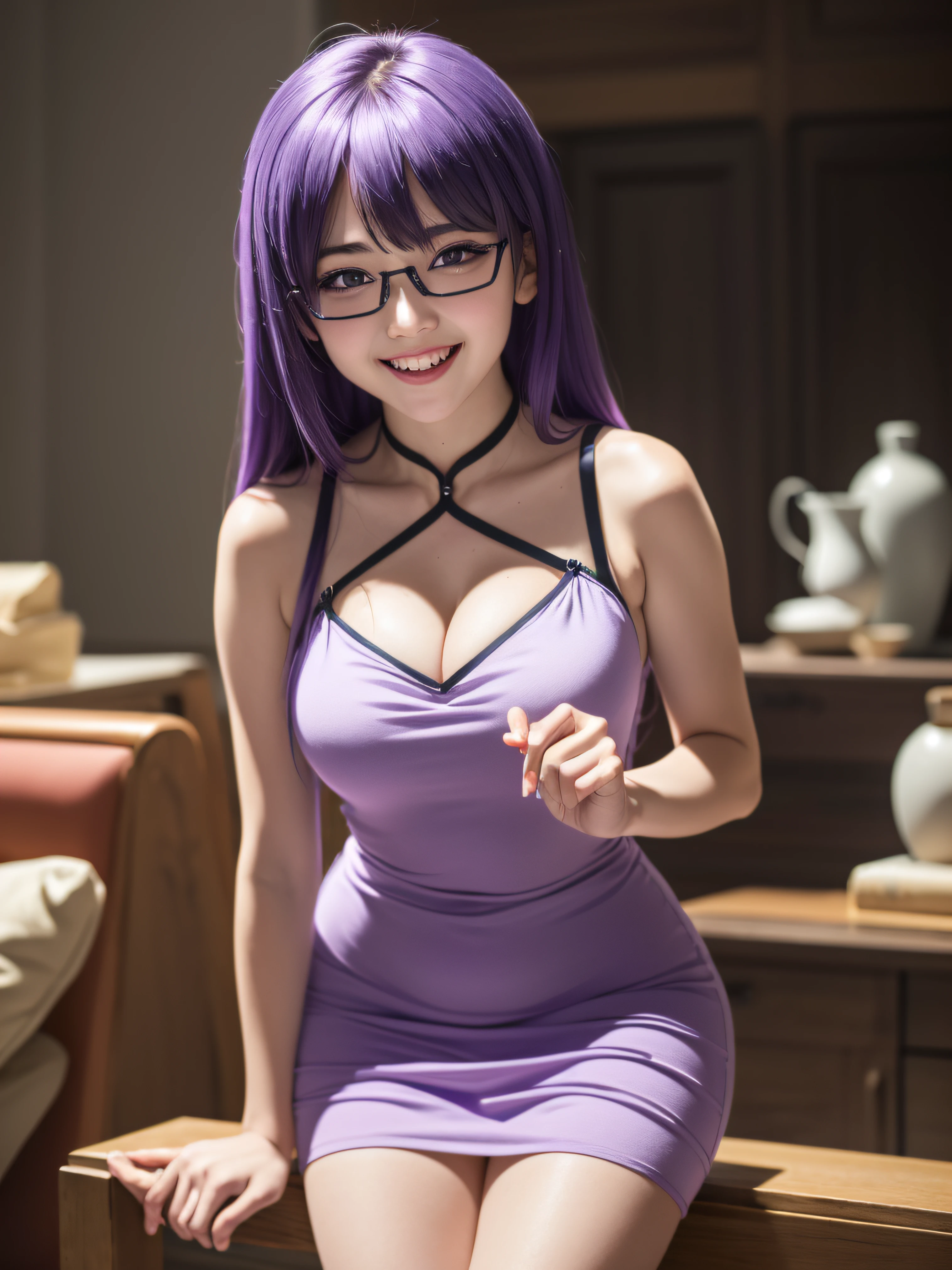 Sheele, 1girl, solo, purple hair, purple eyes, glasses, long hair, smile, under-rim eyewear, open mouth, semi-rimless eyewear, yandere, hour glass body, ((Purple Sundress)) ((Extremely Detailed)), ((Best Quality)), ((Masterpiece)), ((4k))
