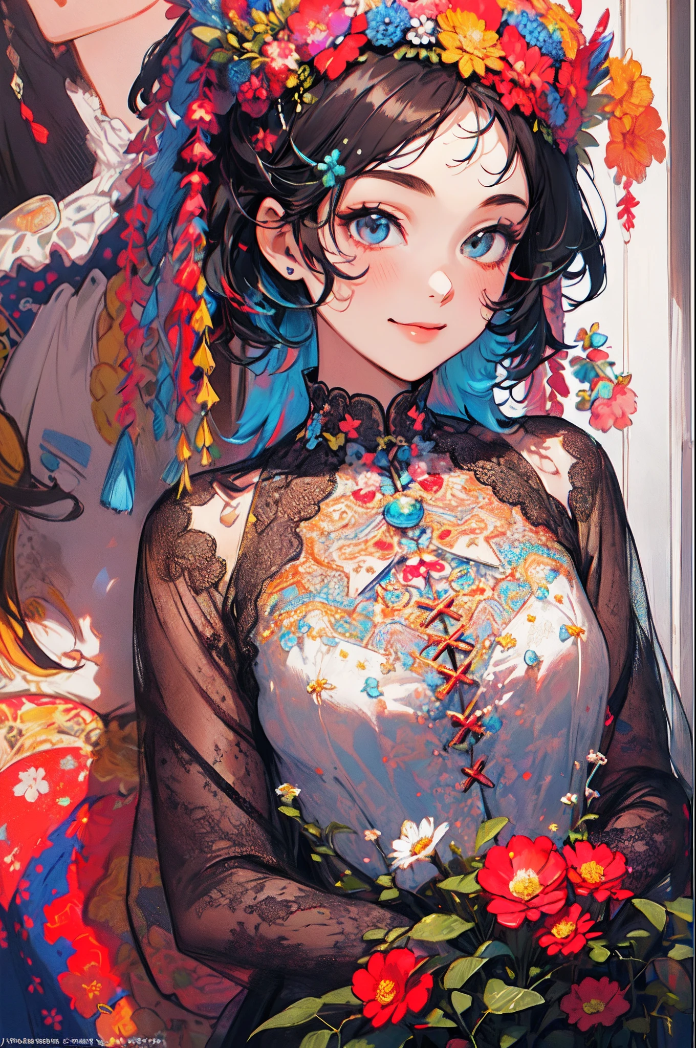 ((flowercrown),((Congratulations)),Flower bouquet，innocent smiles、eye glass、veranda、ancient city、(1 girl, Solo:1.6),(Cute smile),(Clothes are simple), (Best Impact:1.5), (maximalism:1.7), Vivid contrast, (Realistic), hyperrealistic illustrations, hight resolution, ultra-detailliert, absurderes,(Fractal Art:1.3)、Random hairstyle、Random hair color colorful、FULL BODYSHOT、Retro、Precise focus、randome pose、cinema4d、Drama