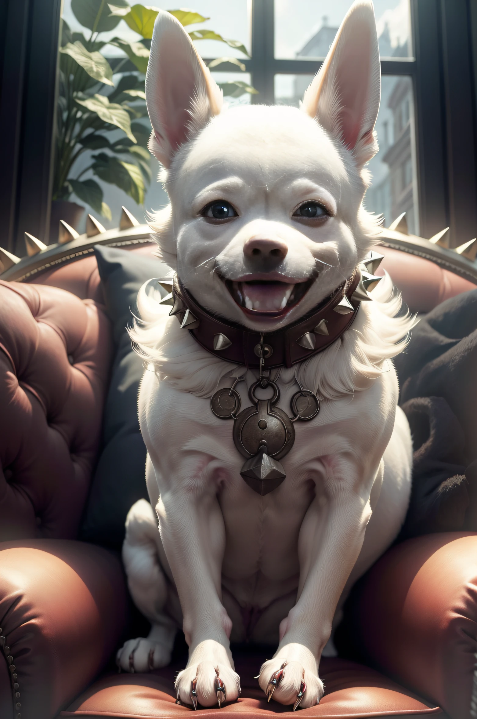 Very angry white chihuahua dog apple head bulging eyes showing his fangs with fur collar and hyperrealistic metal spikes with well-defined fur on a fur sofa rays of light from a window