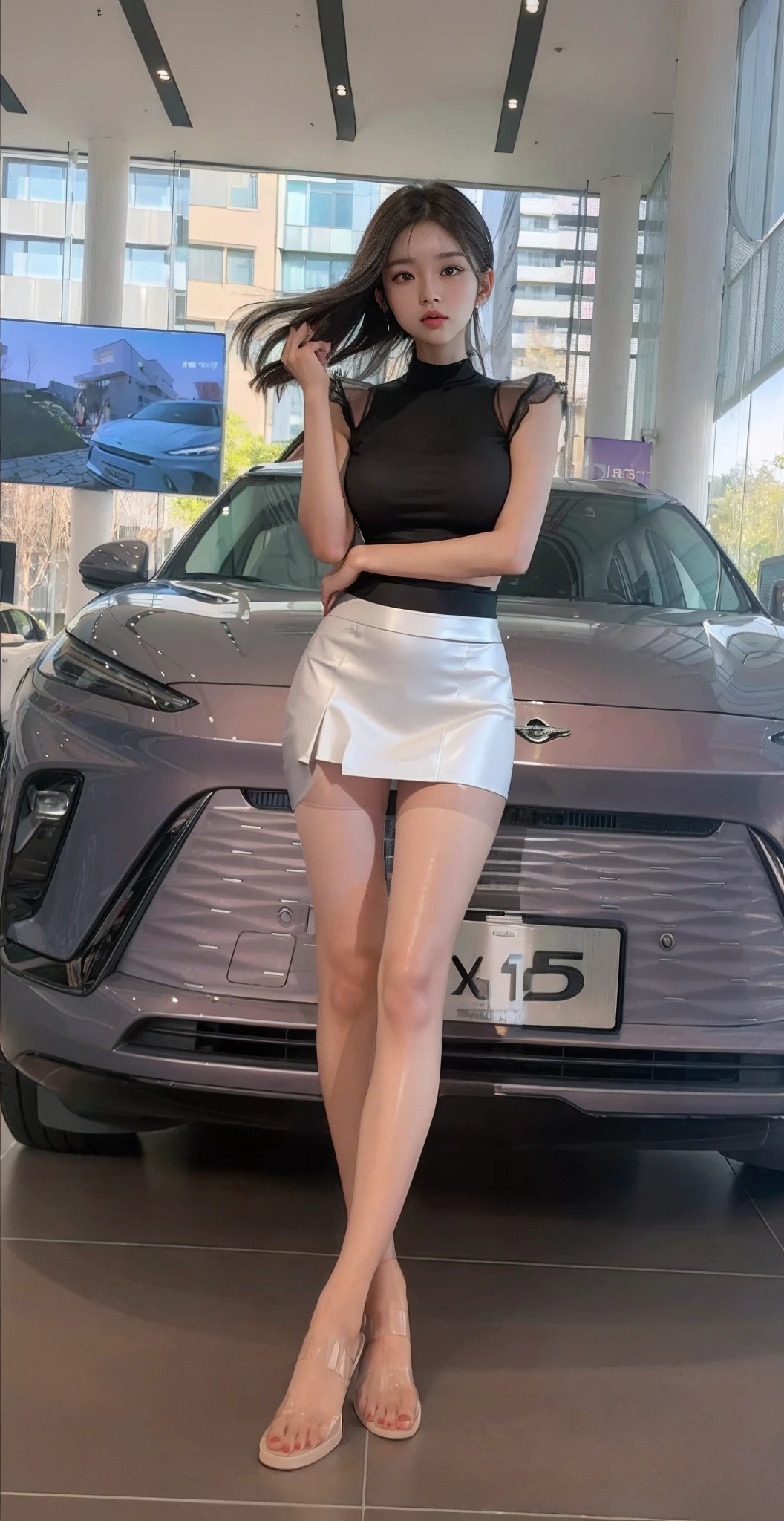 Mini skirt,, Short skirt, Miniskirt, xintong chen, ue 5, UE5, tight costume, skinny waist and thick hips,AS-Adult,Craving sexual,medium wind_herself,(best qualtiy,A high resolution,tmasterpiece:1.4),A tall and beautiful woman,Dark brown hair in loose wavy styling,nedium breasts,wearing flesh-colored pantyhose,Flesh-colored pantyhose,Wear clear flesh-colored pantyhose,Wear transparent pantyhose