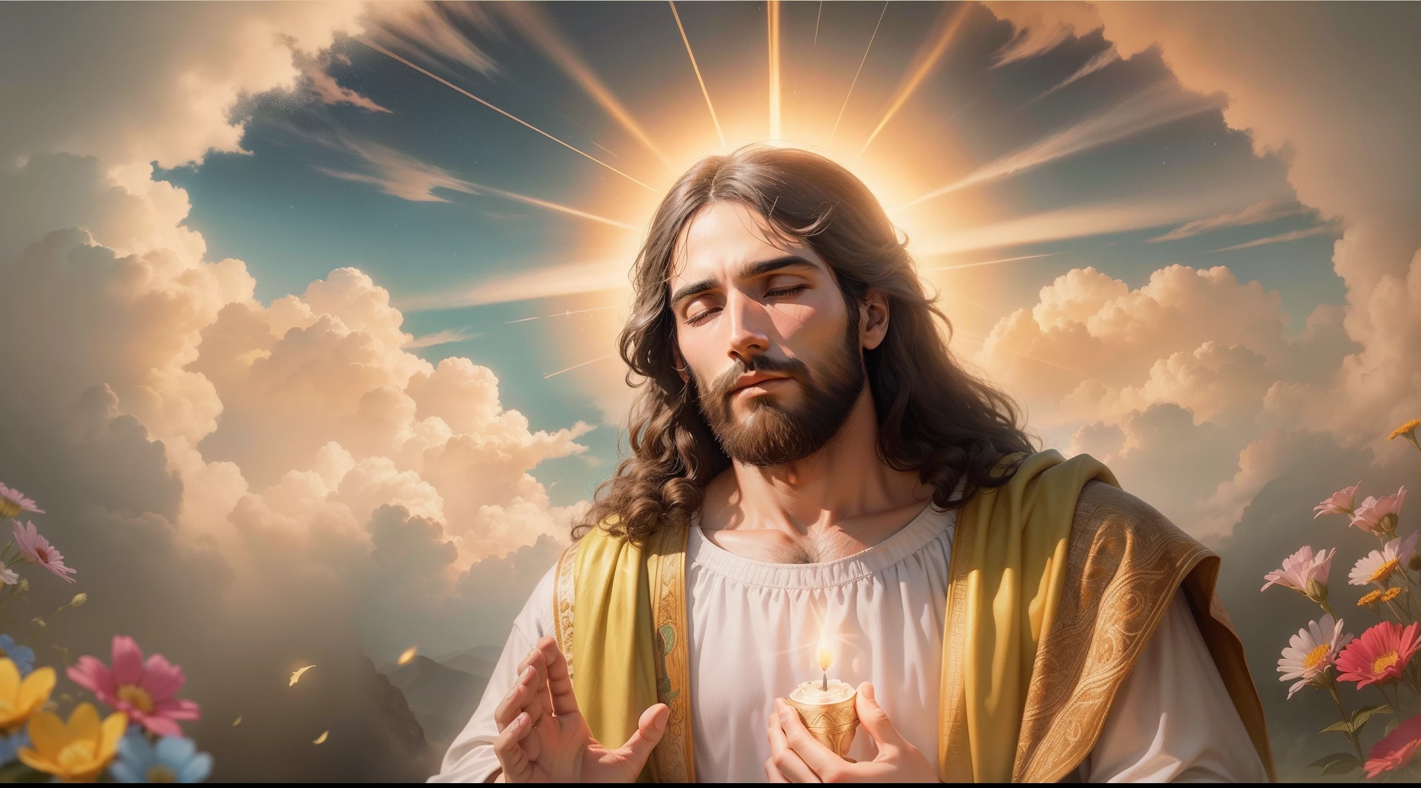 Closeup of an image of Jesus Christ praying and blessing, perfeito, Reslistic, Biblical setting, celestial scenery, sol e nuvens ultras realistas, flores e velas, Jesus illuminated from heaven, Passes em segundo plano, flores coloridas, velas acesas