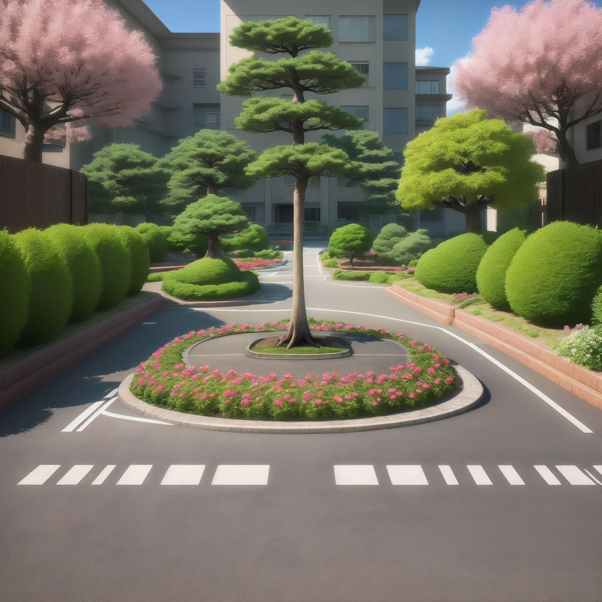 3d animation of a road with bonsai and flower beds