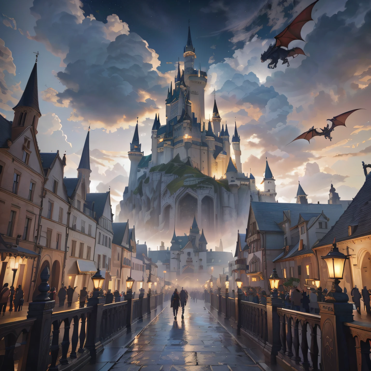 There is a castle with a clock tower and a lot of people walking down the street, beautiful render of a fairytale, arte de fantasia urbana estilizada, inspirado em Raphael Lacoste, Cidade da fantasia de Medeival, Symmetrical Epic Fantasy Art, Unreal Engine Arte de fantasia, Silvain Sarrailh, epic castle with tall spires, 2. 5 d cgi anime fantasia arte, remove the dragon and the castle and leave only the houses giving another image
