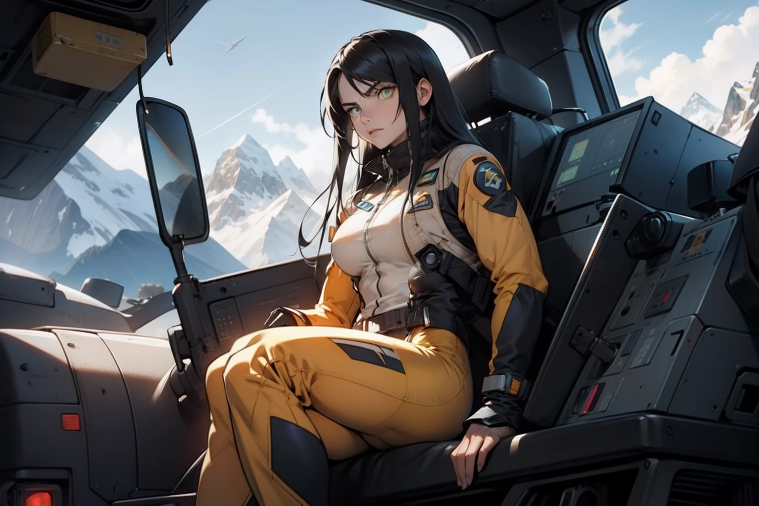 1 girl, solo, very long hair, busty, ((((very muscular)))), thick thighs, black hair, yellow eyes, pale skin, angry, (ultra detailed eyes), ((pilot suit)), mountain range