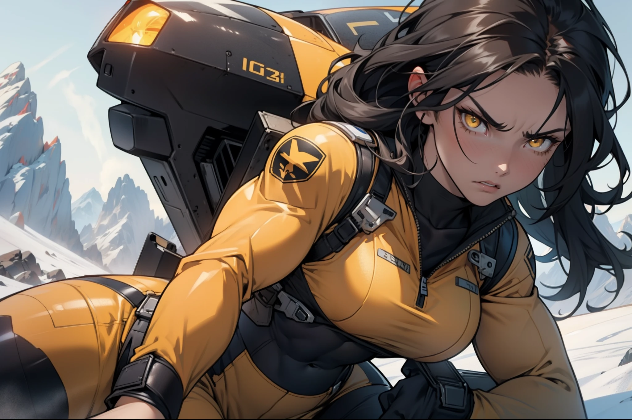 1 girl, solo, very long hair, busty, ((((very muscular)))), thick thighs, black hair, yellow eyes, pale skin, angry, (ultra detailed eyes), ((pilot suit)), mountain range