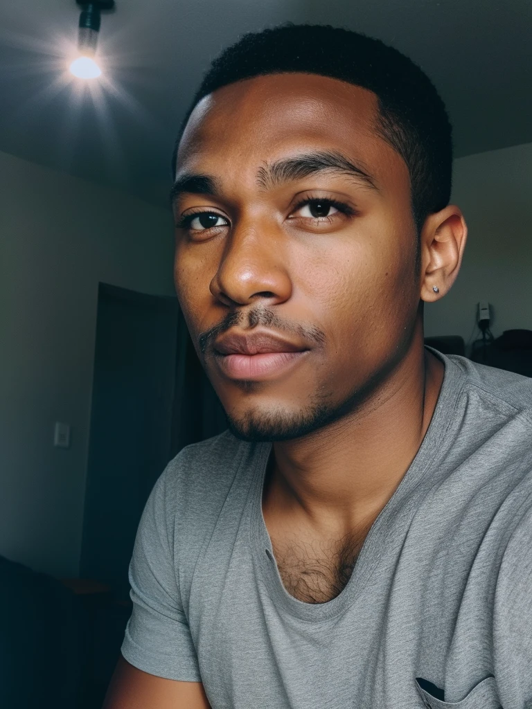 There's a man with short, black hair and a grey t-shirt, 18 years, african-american skin color, pretty round face, front profile