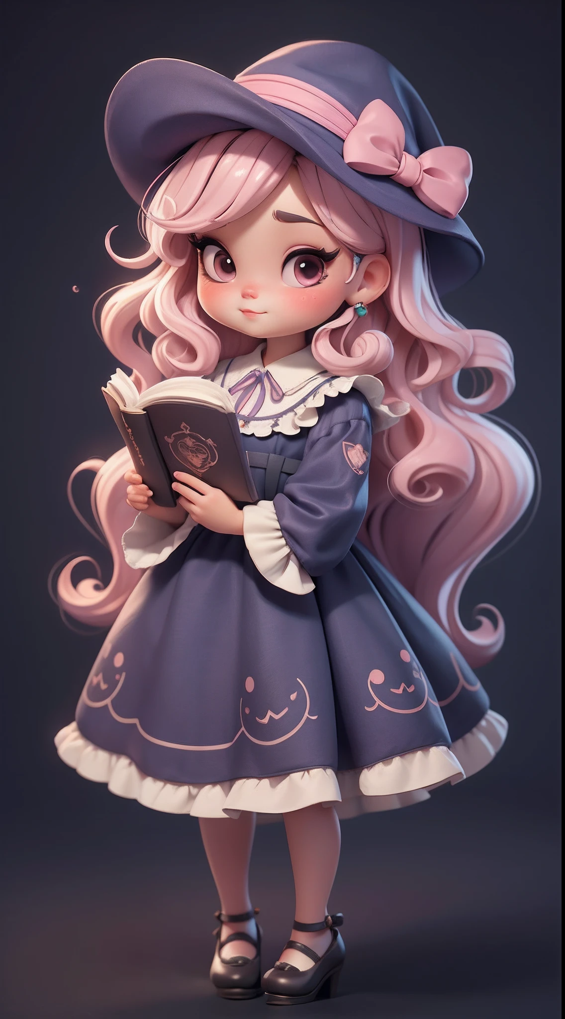 Create a series of chibi style dolls with a cute halloween theme, each with lots of detail and in an 8K resolution. All dolls should follow the same solid background pattern and be complete in the image, mostrando o (corpo inteiro, incluindo as pernas: 1.5)
Boneca Aprendiz de Bruxa: Chame-a de Mia. She should have medium wavy pastel hair. Seus olhos devem ser grandes e curiosos, with long eyelashes and slightly pinkish cheeks. Mia should be dressed in a colorful dress and a polka-dot blouse and a delicate and beautiful hat. She must hold a mini cauldron and an open book. Add details like pockets and ruffles to the apron to make it even more charming, sapato bonito
Certifique-se de adicionar sombras, texturas e detalhes nos cabelos, roupas, Cute Halloween utensils, to make them even more adorable and charming.