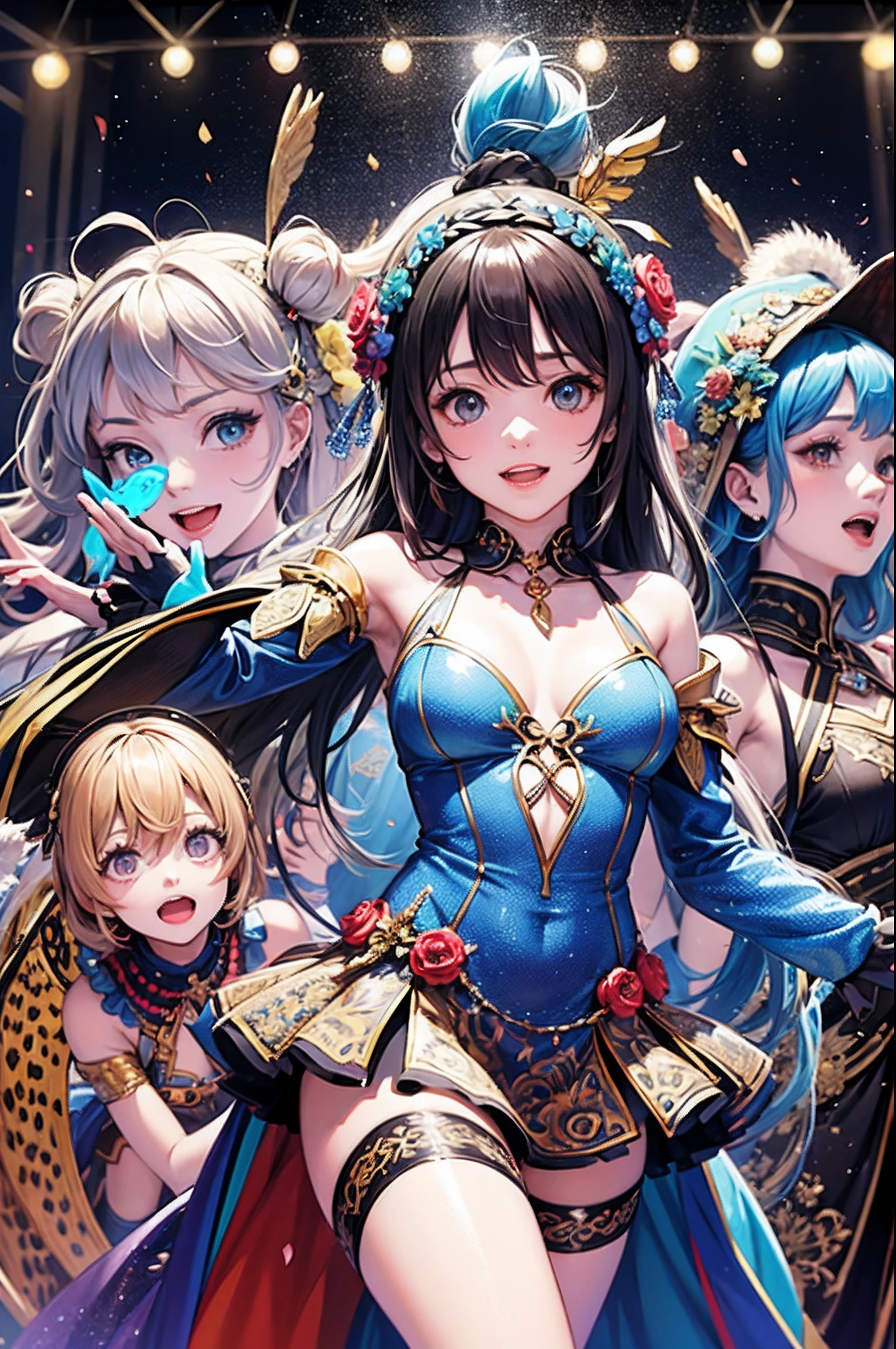 A group of women in idol costumes are striking a pose while happily singing and dancing together, sweating and having fun, They're all smiling and having fun, enjoying the moment. The girls are surrounded by cute and colorful decorations, and they're comfortable and relaxed. They're all good friends, and they're happy to be spending time together, {{{{arena}}}},idol stage, {{{spot lighting}}}, {{{light from above}}}, {{{{confetti:1.3, motion blur}}}},{{{dutch angle shot}}}, masterpiece, absurdres, best quality, intricate details, best quality, 8k, best aethetic, beautiful art, ultra-detailed, illustration,
