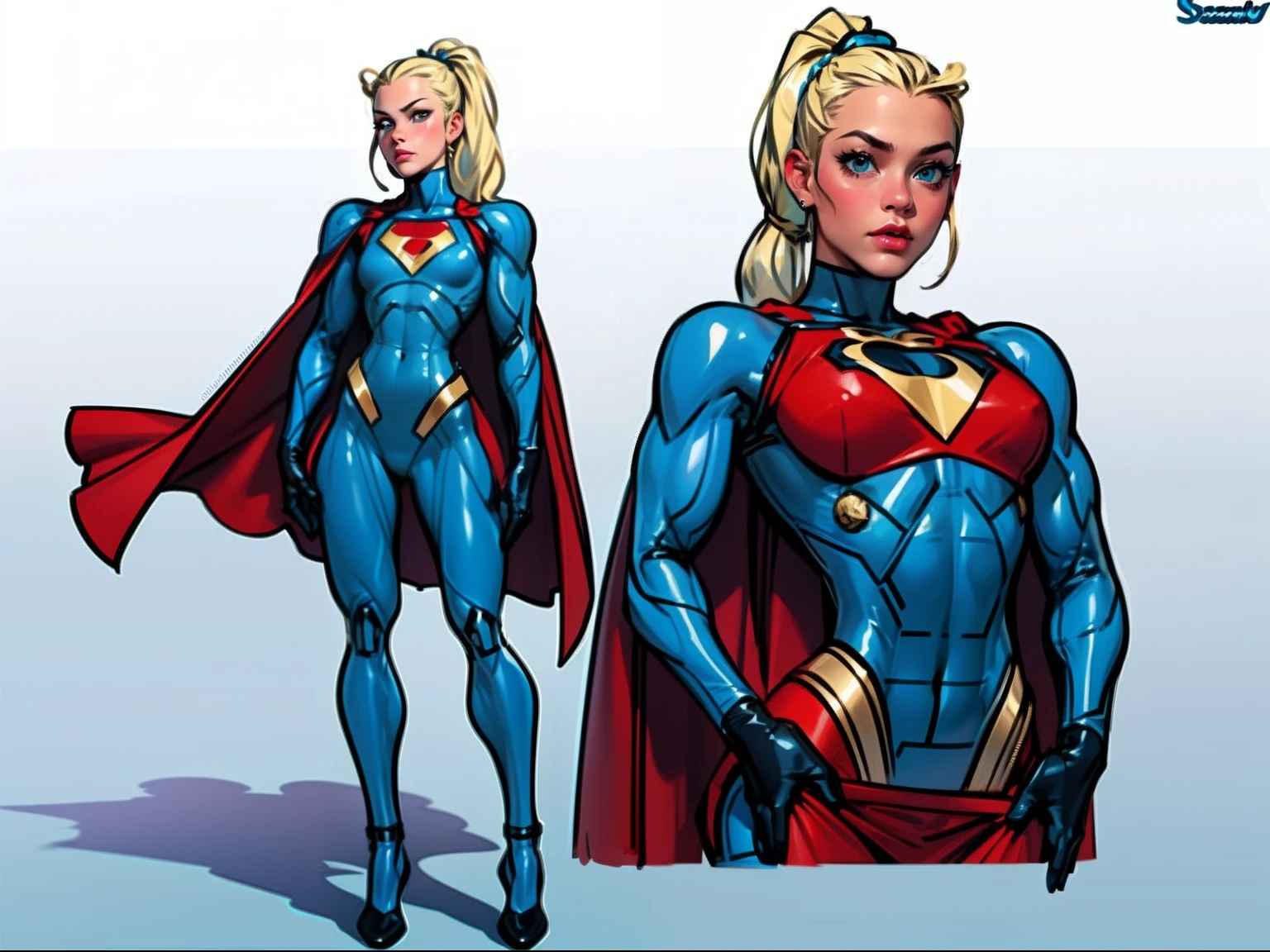 ((masterpiece)),(((best quality))),((character design sheet)), ((full body view)) illustration,1girl, muscular, ((blue bodysuit:1.5)), superhero, (blonde ponytail:1.4), (red cape:1.4) ((detailed face:1.4)) ((slendered abs:1.4)), red gloves, red boots, ((flat chest)), beautiful woman, (red thighhighs:1.3)shiny skin, (gold emblem on chest:1.2),scribbles and marks, (puffy lips:1.5), rough sketches, pose, 8k,16k, (simple background, white background: 1.3)