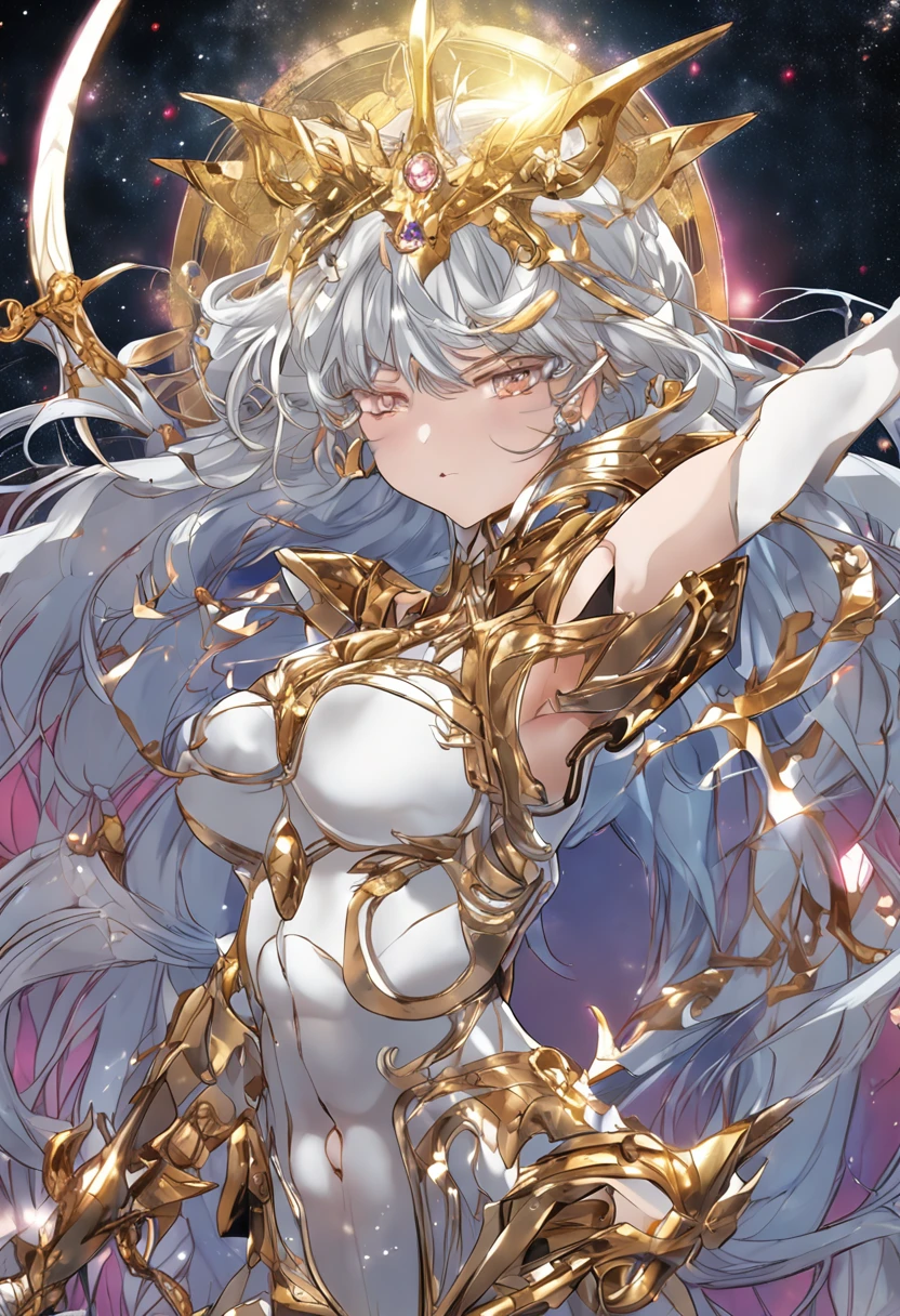 huge-breasted、Obscene、Eternal Sailor Moon, Goddess, Awakened God-like Power, Confident expression, Beautiful detailed eyes, intricate clothing, ((Engraved silver seams)), Wielding a golden scythe, Glitter, Galaxy in the background, Absolutely amazing, razor sharp focus, cosmic, charmed, masutepiece, ((((Best Quality:1.4)))), ((((Extreme details))))