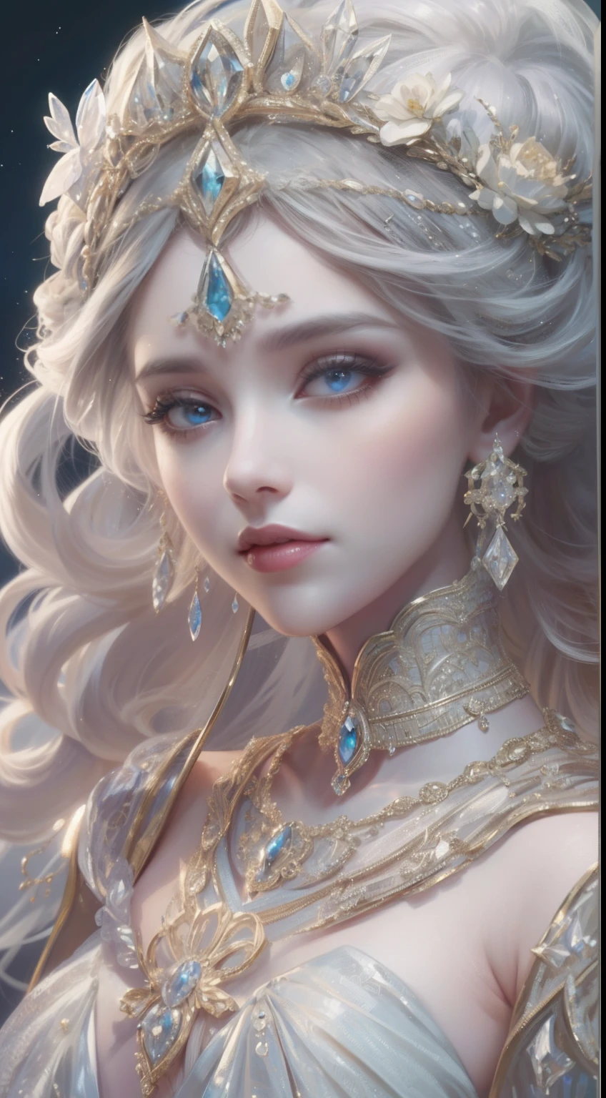 tmasterpiece,Highest high resolution,A bust of a beautiful royal maiden,Delicate braided hair,Coiled hair,Shining clear eyes,The hair is covered with beautiful and delicate floral craftsmanship, crystal、Diamond jewelry filigree,Ultra-detailed details,upscaled,softlighting。