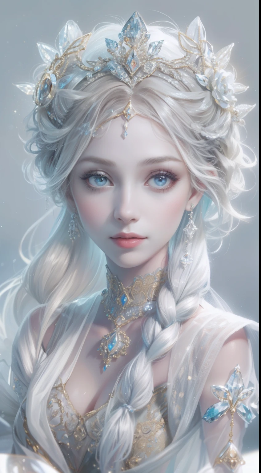 tmasterpiece,Highest high resolution,A bust of a beautiful royal maiden,Delicate braided hair,Coiled hair,Shining clear eyes,The hair is covered with beautiful and delicate floral craftsmanship, crystal、Diamond jewelry filigree,Ultra-detailed details,upscaled,softlighting。