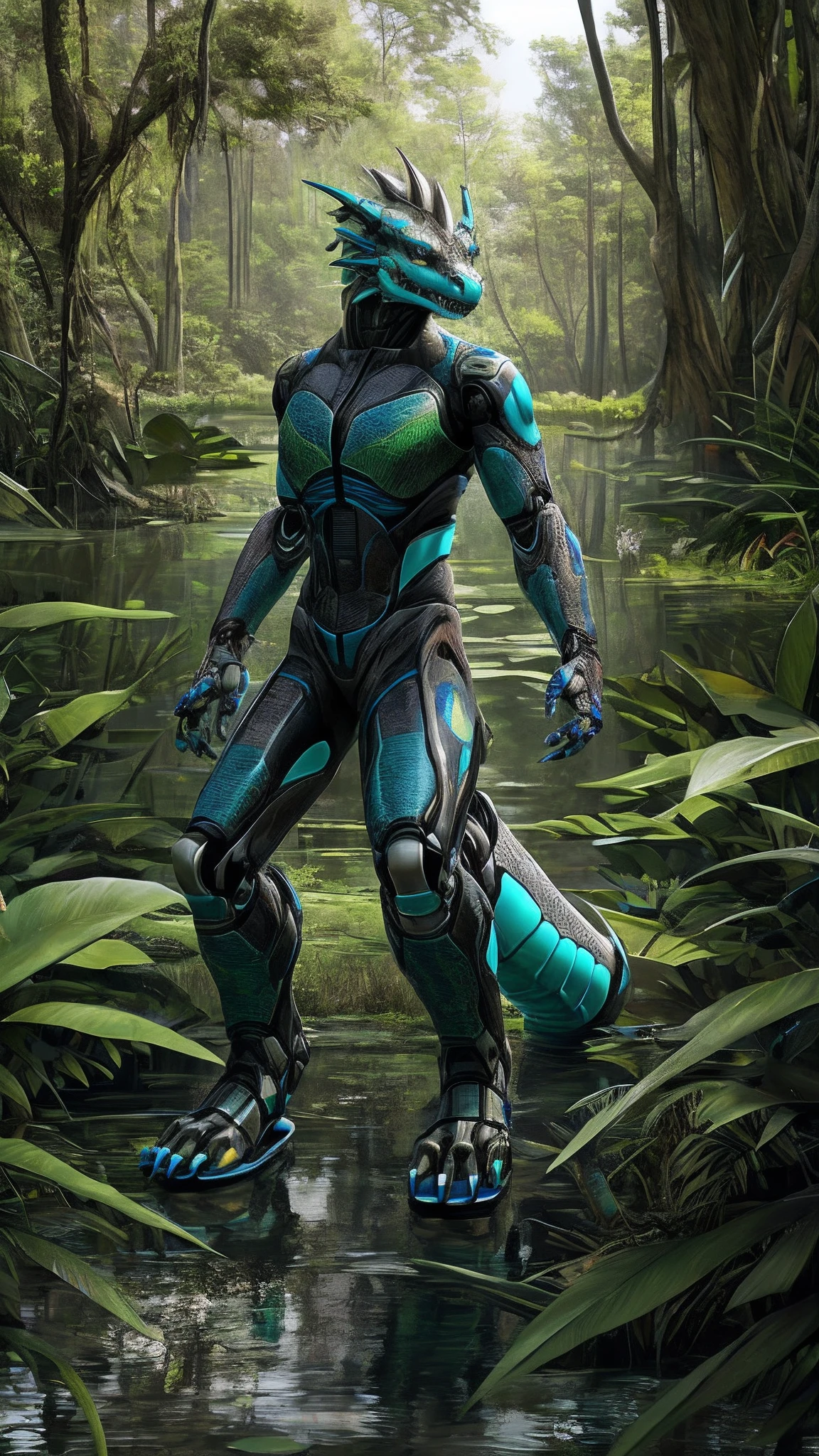 Bionic robot dragon,female,Android,Red Lingeri,sandals,Stuck in a swamp,HD graphics,Detailed and realistic,high detal,high qulity,photo-realistic,photorealistic eye,Detailed paws,Clear eyes,Masterpiece artwork,Five-fingered hands