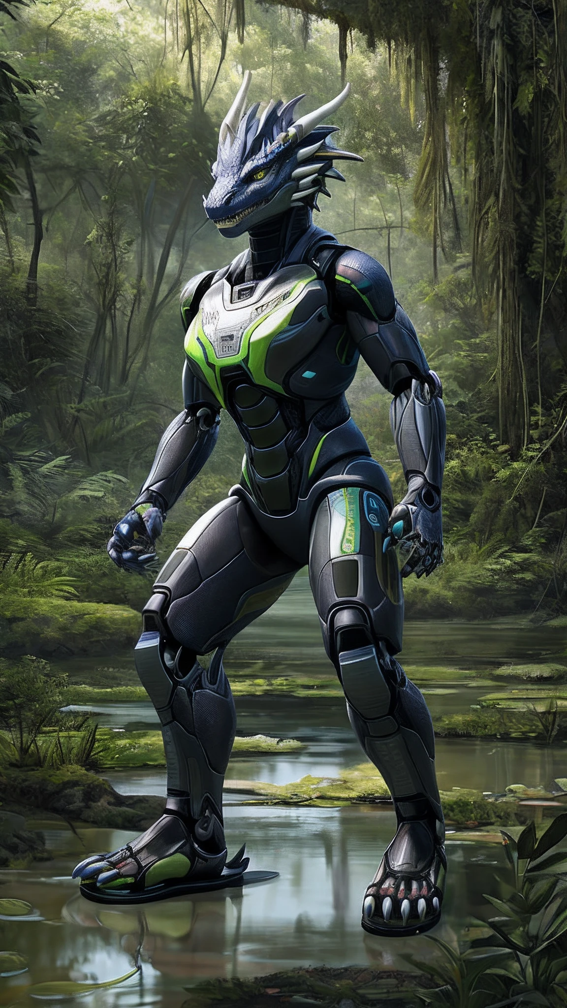 Bionic robot dragon,female,Android,Red Lingeri,sandals,Stuck in a swamp,HD graphics,Detailed and realistic,high detal,high qulity,photo-realistic,photorealistic eye,Detailed paws,Clear eyes,Masterpiece artwork,Five-fingered hands