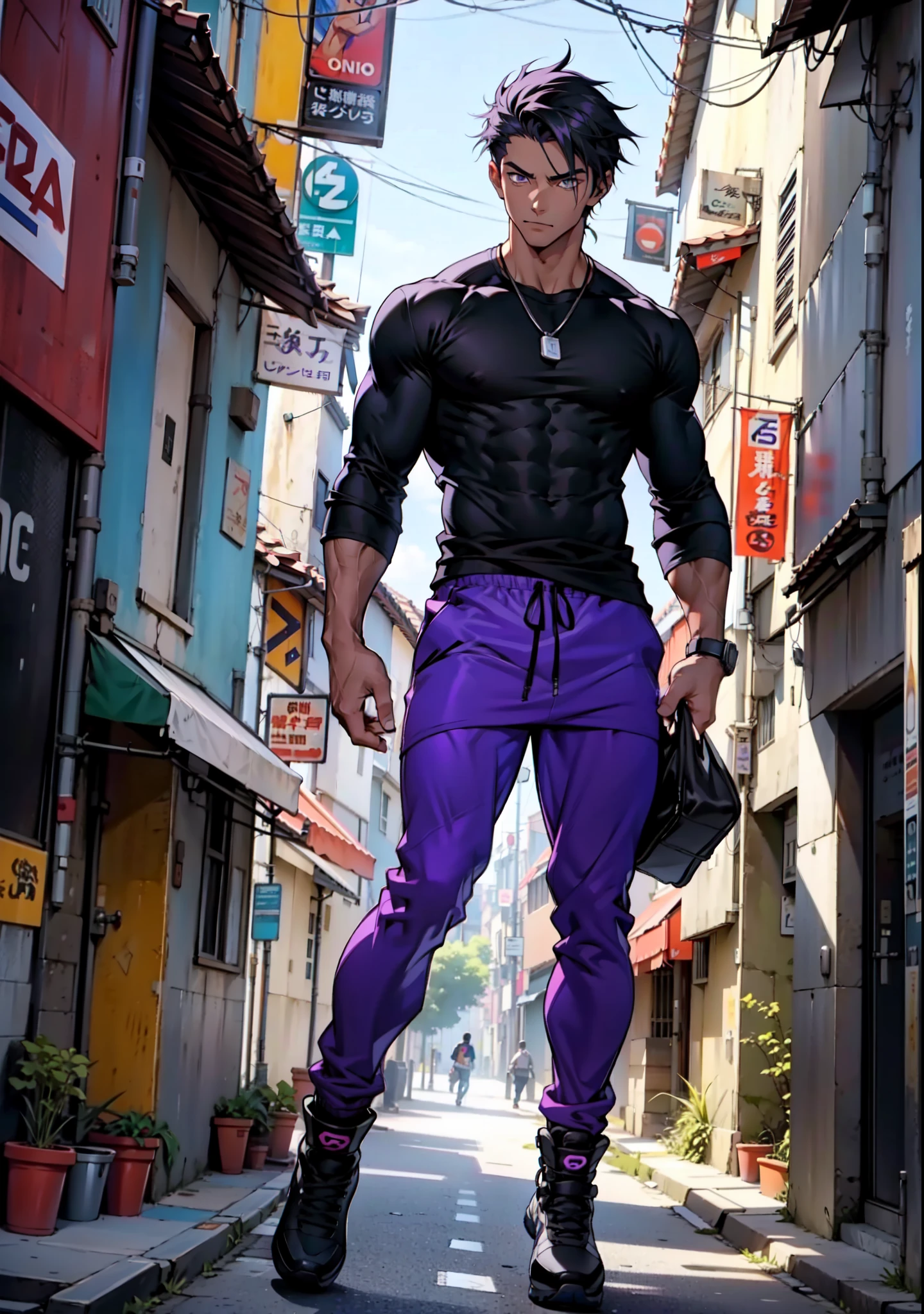 Generate an image of a boy with an athletic slim body, com um cabelo curto baixo marrom escuro, olhos azuis, He's wearing a black long-sleeved T-shirt and purple pants , e uma bota preta , generate an HD anime art and behind it an URBAN city