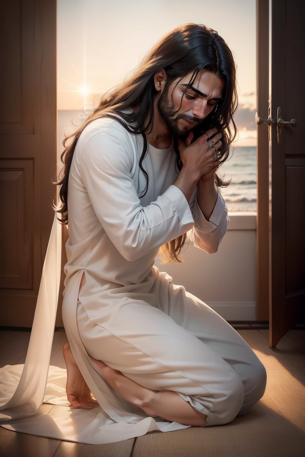 Uma um homem se desenha ao amanhecer, onde um ser divino (Jesus Cristo) gently touches the face of someone kneeling, wiping away her tears. The colors of human emotions turn into a radiant rainbow that rises to the sky, evoking hope. Weeping is replaced by the soft laughter of the wind and the melody of joy, enquanto a cena revela um futuro de paz e promessa eterna.
