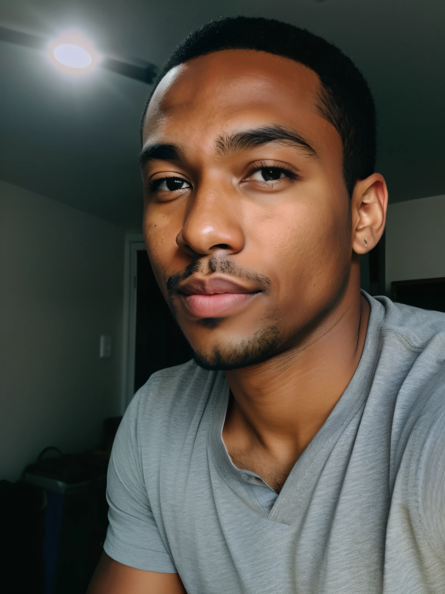 There's a man with short, black hair and a grey t-shirt, 18 years, african-american skin color, pretty round face, front profile