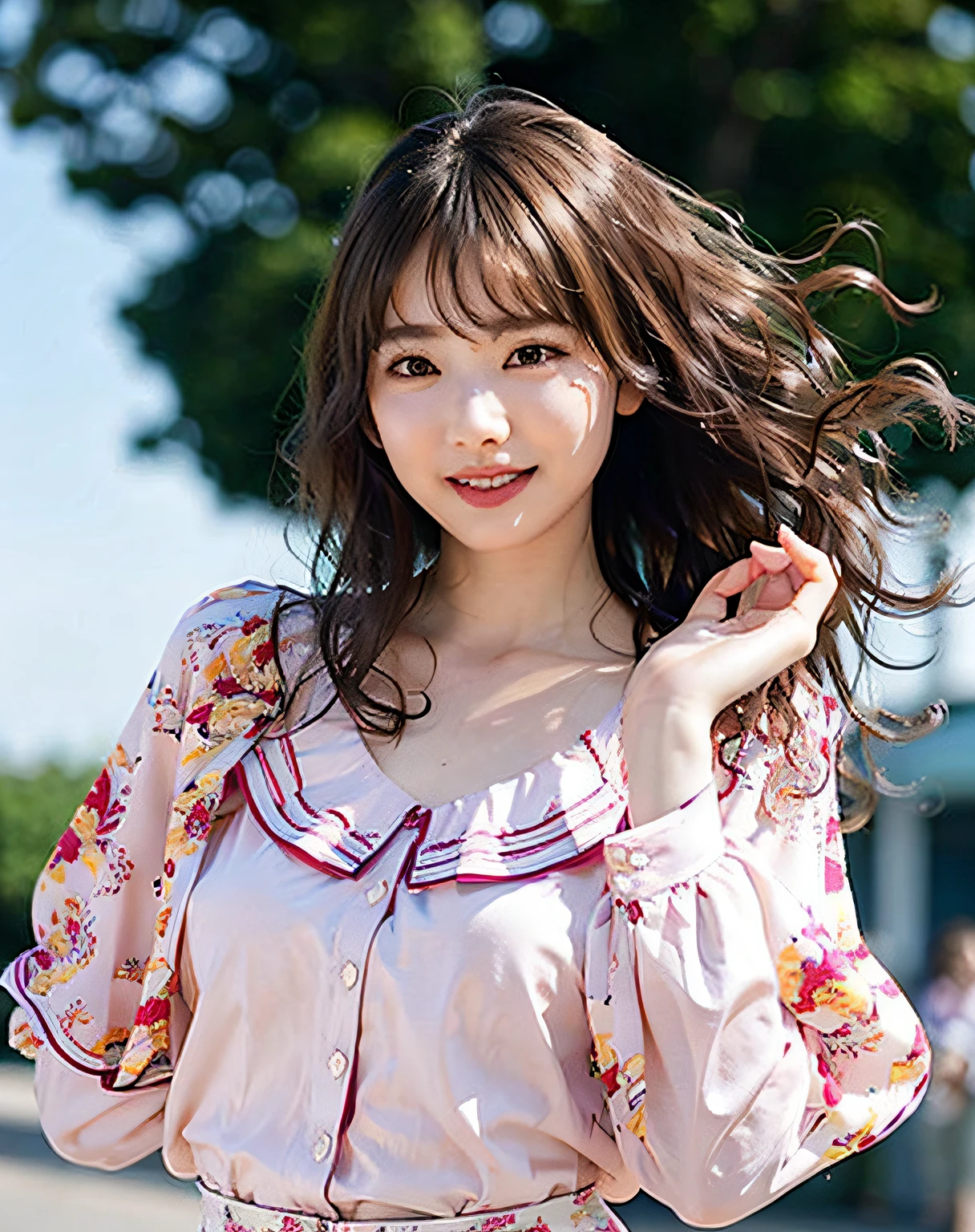 best quality, 1girl, (skindentation), (large breast), (day),  bright, blur background, outdoor, (street:0.6), (people, crowds:1), (wavy hair:1.5), (blouse:1.5), gorgeous, (floating hair:1.5), (dynamic pose:0.8), soft lighting, wind,  garden,