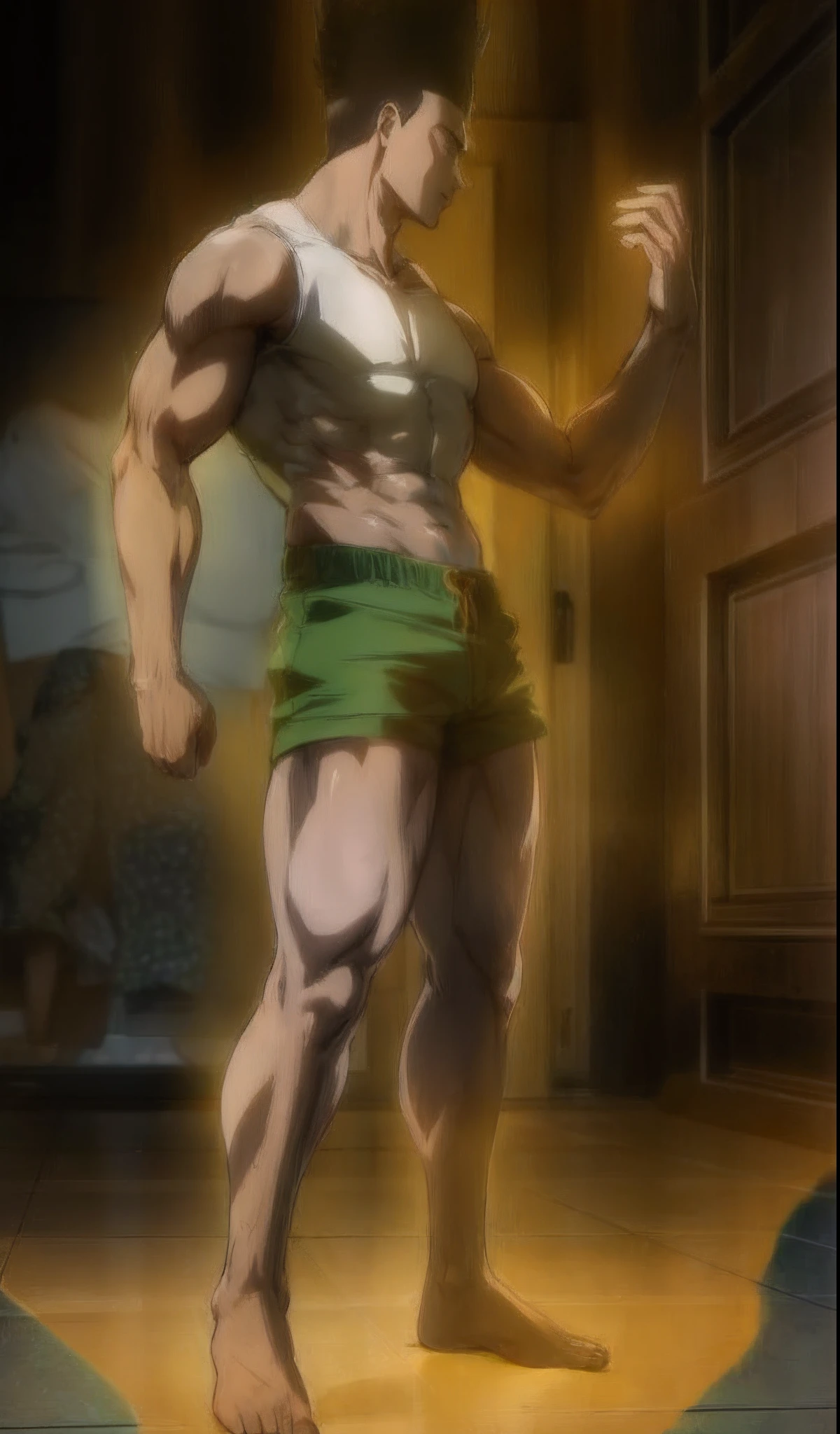 Anime character in green shorts standing in a room with a door, musculoso!!, an epic anime of a energy man, estilo Baba, musculoso! verde, Gon freecss de corpo inteiro, musculoso!! scientific fiction, musculoso!, gon freecss, no filme de anime, muscular character, one muscle