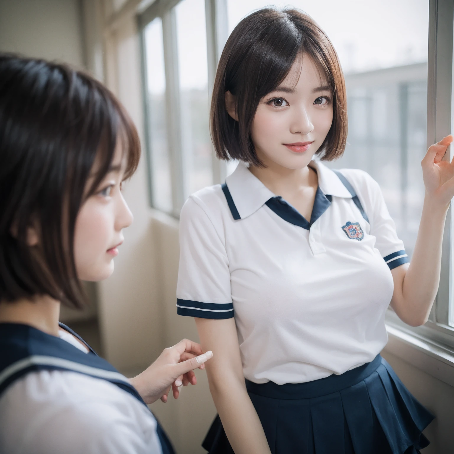 ((layered haircuts、Colossal tits:1.2)),（8K，highest  quality），full body shot shot，Watching from a distance，Distant shots，School Classroom，Wear a school uniform，pupils，Class，Platoon speeches，Wear sportswear，Full body photography:1.9， Android， adolable， ssmile， Thin face， short detailed hair， 32K, tmasterpiece， Best picture quality，超A high resolution，Perfect hands，Looking_at_peeping at the viewer，