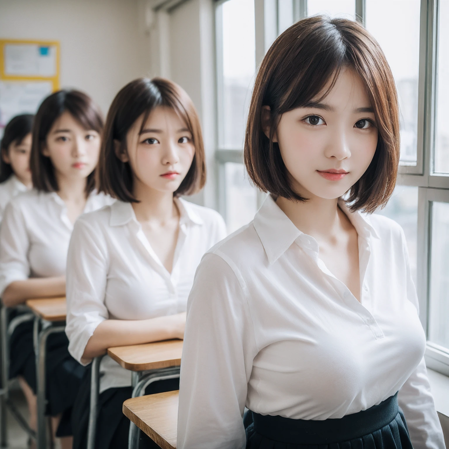 ((layered haircuts、Colossal tits:1.2)),(8K,highest quality),full body shot shot,Watching from a distance,Distant shots,School Classroom,pupils,Class,playing game,Wearing a shirt JK skirt,Full body photography:1.9, Android, adolable, ssmile, Thin face, short detailed hair, 32K, tmasterpiece, Best picture quality,超A high resolution,Perfect hands,Looking_at_peeping at the viewer,