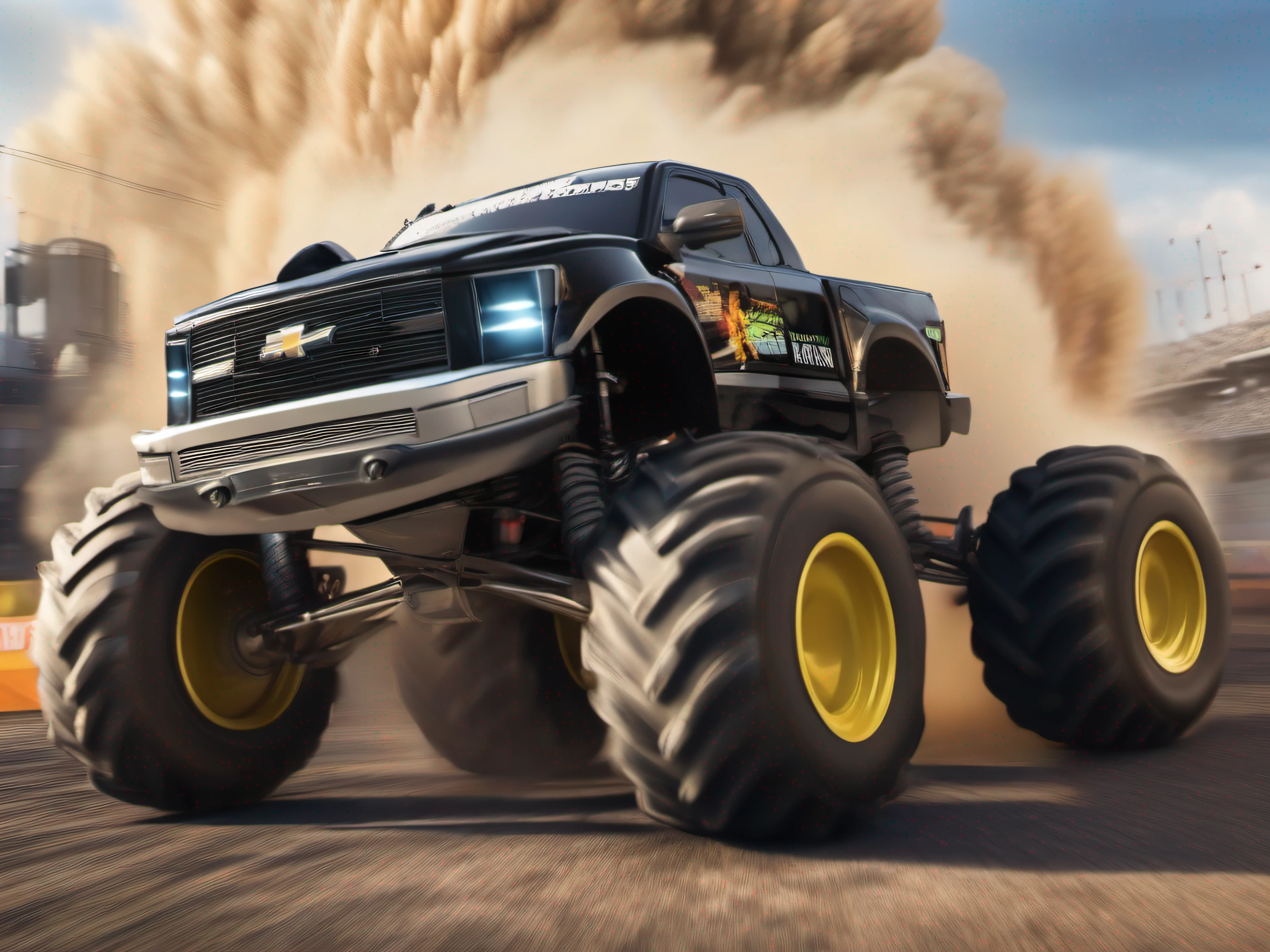 a 3 blonde young boy is driving a big black monster truck, forced perspective, very speed camera effects, action movie poster, high quality, cinematic,