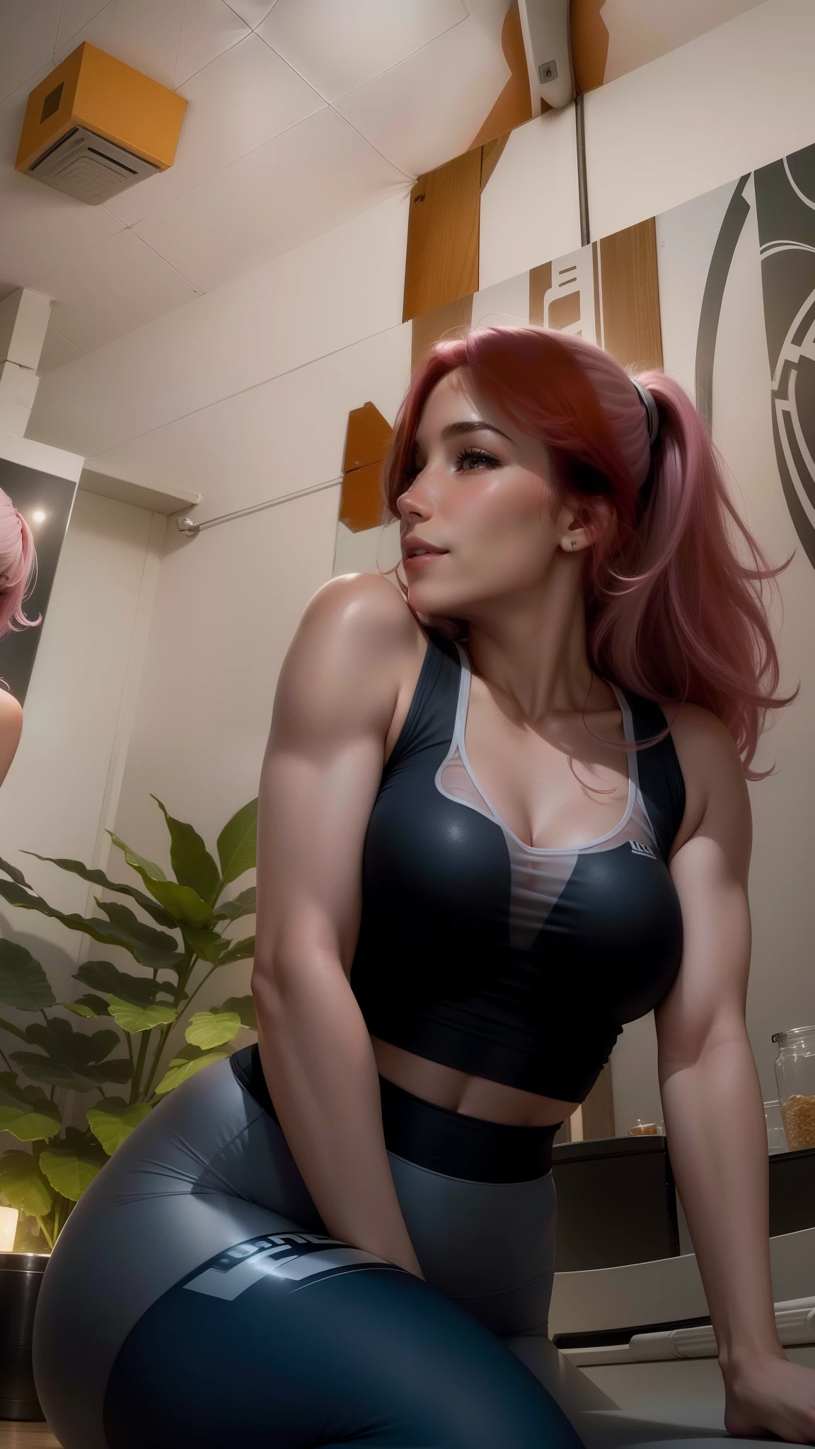 best quality, ultra high res, (photorealistic:1.4), 1girl, (white sports bra, see through, transparent), (yoga pants:1), big breasts,  looking at viewer, smiling, cute, full body, gym room,(platinum pink hair:1)