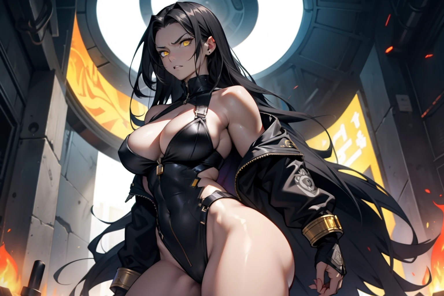 1 girl, solo, very long hair, busty, (muscular), thick thighs, black hair, yellow eyes, pale skin, angry, (ultra detailed eyes), cleavage