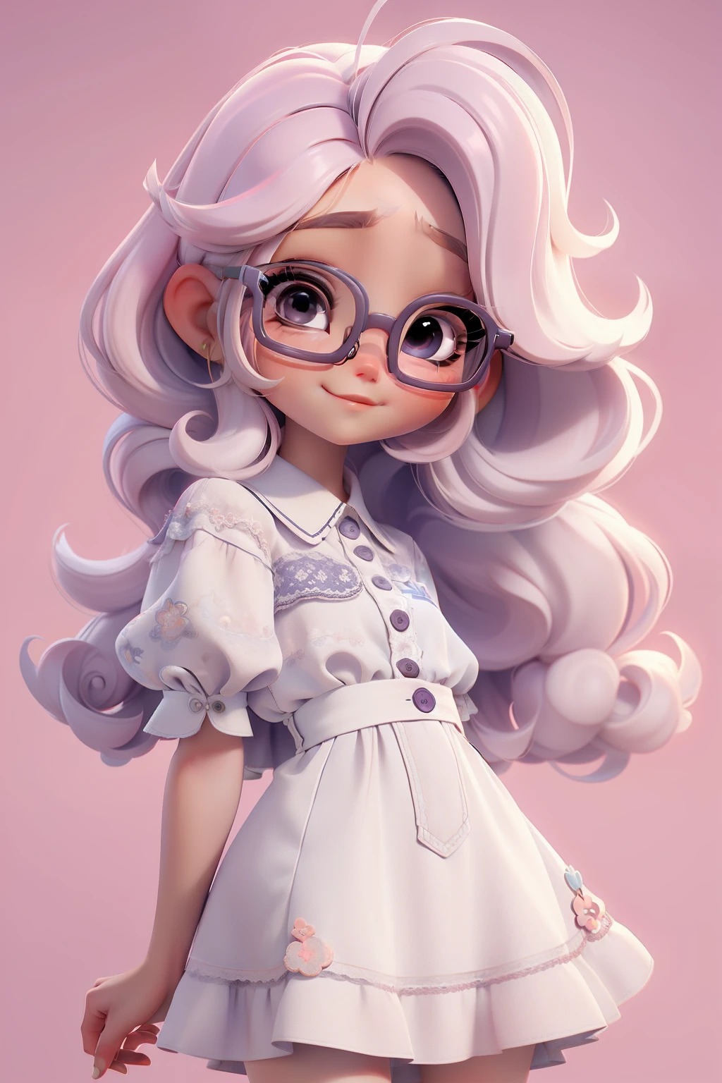 Menina estilo Chibi de cabelos compridos tons mesclados e pastel, Hat at Ceba, olhos claros, Eyeglasses, Delicate details and accessories, vestido delicados e detalhados, solid and clear background