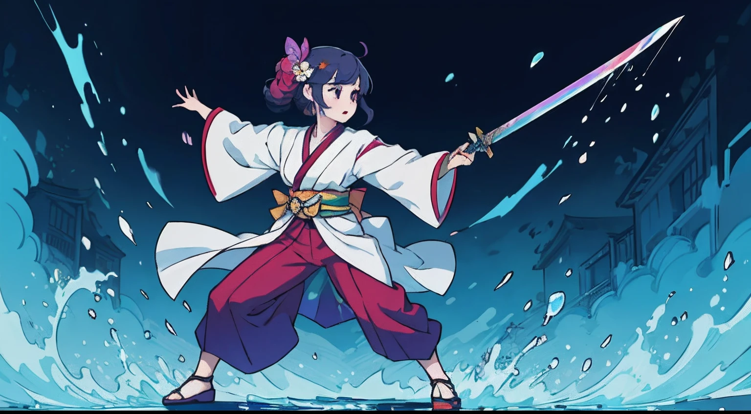 s girl、Practice dancing with a sword、Fine pattern Japan sword、full body Esbian、ultradetailed eyes、Rainbow painting drops、Full Paint、Splash、Long color hair、Paint Kimono、Super luxury kimono、Rainbow Paint Kimono、(hair adornments、耳Nipple Ring、Floral hair ornament、butterfly hair ornament)、Sword Practice