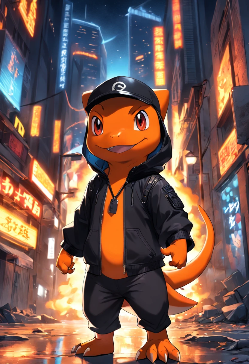 a highly detailed illustration of Charmander wearing the iconic black spy outfit and a pair of sunglasses, qualidade excepcional, dinamic pose, mischievous expression, urban night scenery, lighting dramatic, estilo de desenho hiper-realista