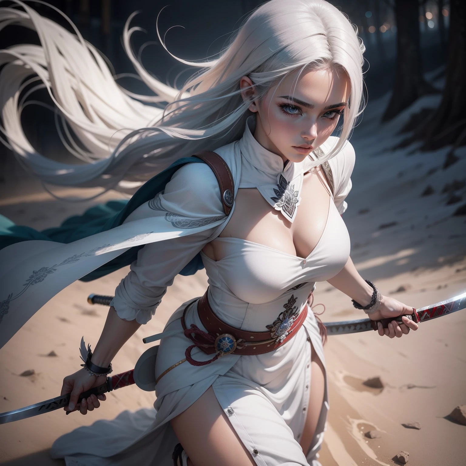 Mulher do cabelo branco segurando uma katana brilhante, em quimono branco e vermelho, Realistic, manga, estilo realista (seios grandes), Olhando para o Viewer