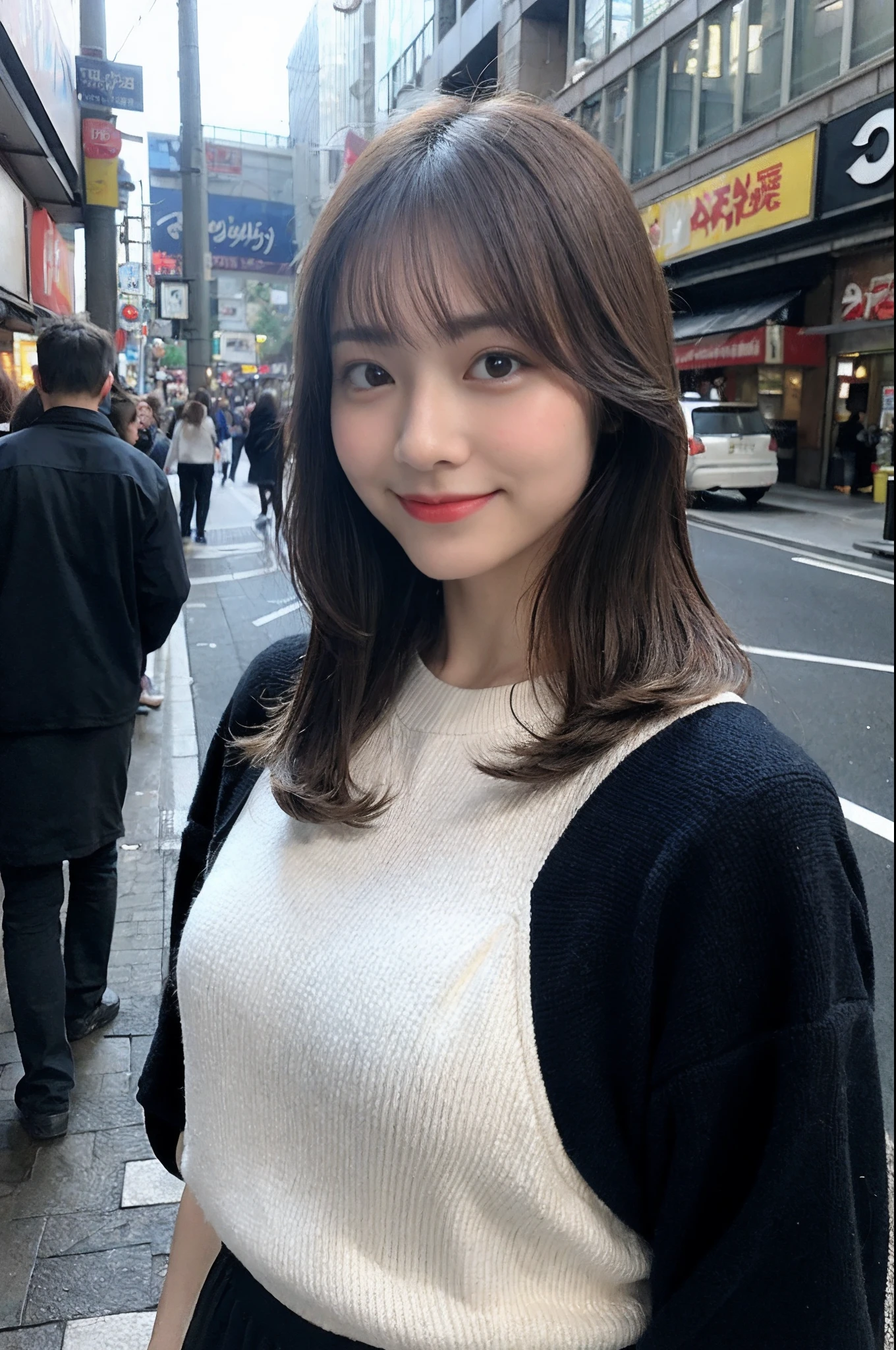 (highest quality,masterpiece:1.3,ultra high resolution),(Super detailed,caustics,8K),(realistic:1.4,RAW shooting),(full body shot),(film photography),(realistic pictures),1 girl,(bright personality),(smile and look down at the camera),(Shadows on the skin),(front shot:1.1),(look forward),25 years old,(No makeup),cute,Japanese,glamorous,(small tits),(close),(chest focus),Harajuku,In front of the station,street,sunlight,Natural light,(Backlight),(A bright light shines from behind),(Lens flare),professional writing,(mini skirt),(winter fashion trends)