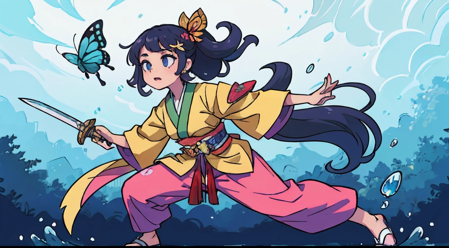 teens girl、Practice dancing with a sword、Fine pattern Japan sword、full body Esbian、ultradetailed eyes、Rainbow painting drops、Full Paint、Splash、Long color hair、Paint Kimono、Super luxury kimono、Rainbow Paint Kimono、(hair adornments、耳Nipple Ring、Floral hair ornament、butterfly hair ornament)、Sword Practice