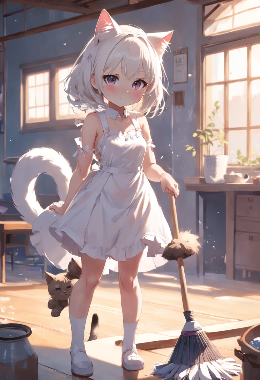 Anime cat-eared girl in white dress, sweep，Cleaning with a broom，loli in dress,Sleeveless， small curvy loli, artwork in the style of guweiz, guweiz on pixiv artstation, guweiz on artstation pixiv, guweiz, small loli girl, soft anime illustration, Anime visuals of cute girls, Detailed Digital Anime Art