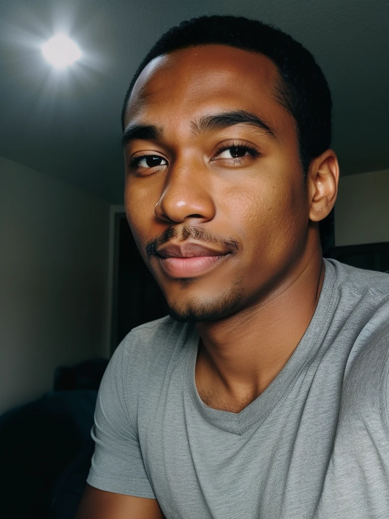 There's a man with short, black hair and a grey t-shirt, 18 years, african-american skin color, pretty round face, disney pixar character, front profile