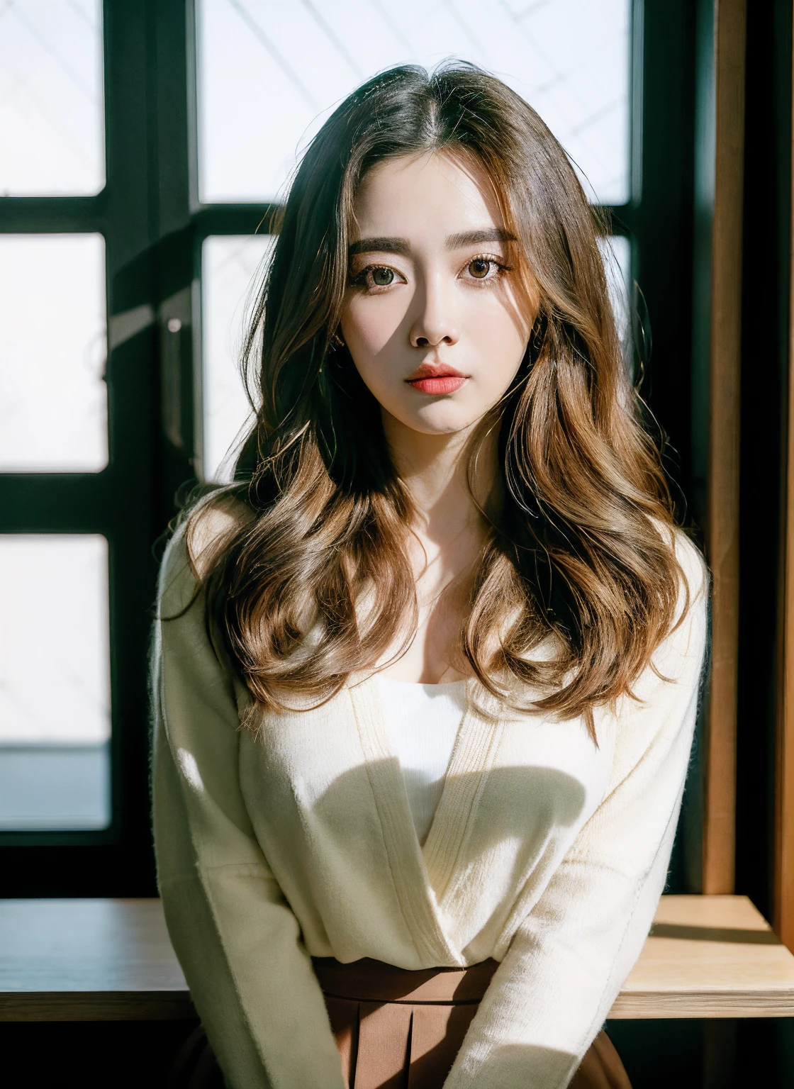 25 years old female, soio, A secretary, stunningly beautiful, (top-quality、8K、32K、tmasterpiece、NFFSW:1.3)、超A high resolution,(Photorealsitic:1.4),RAW photography, Detailed face,,Beautiful hair, Pink shirt,((Secretarial style)), thicc body, Tight skirts、 Natural makeup, Breast cleavage, Inside the office, Detailed background, Perfect lighting, depth of fields, Beautiful shadow gradient, ,