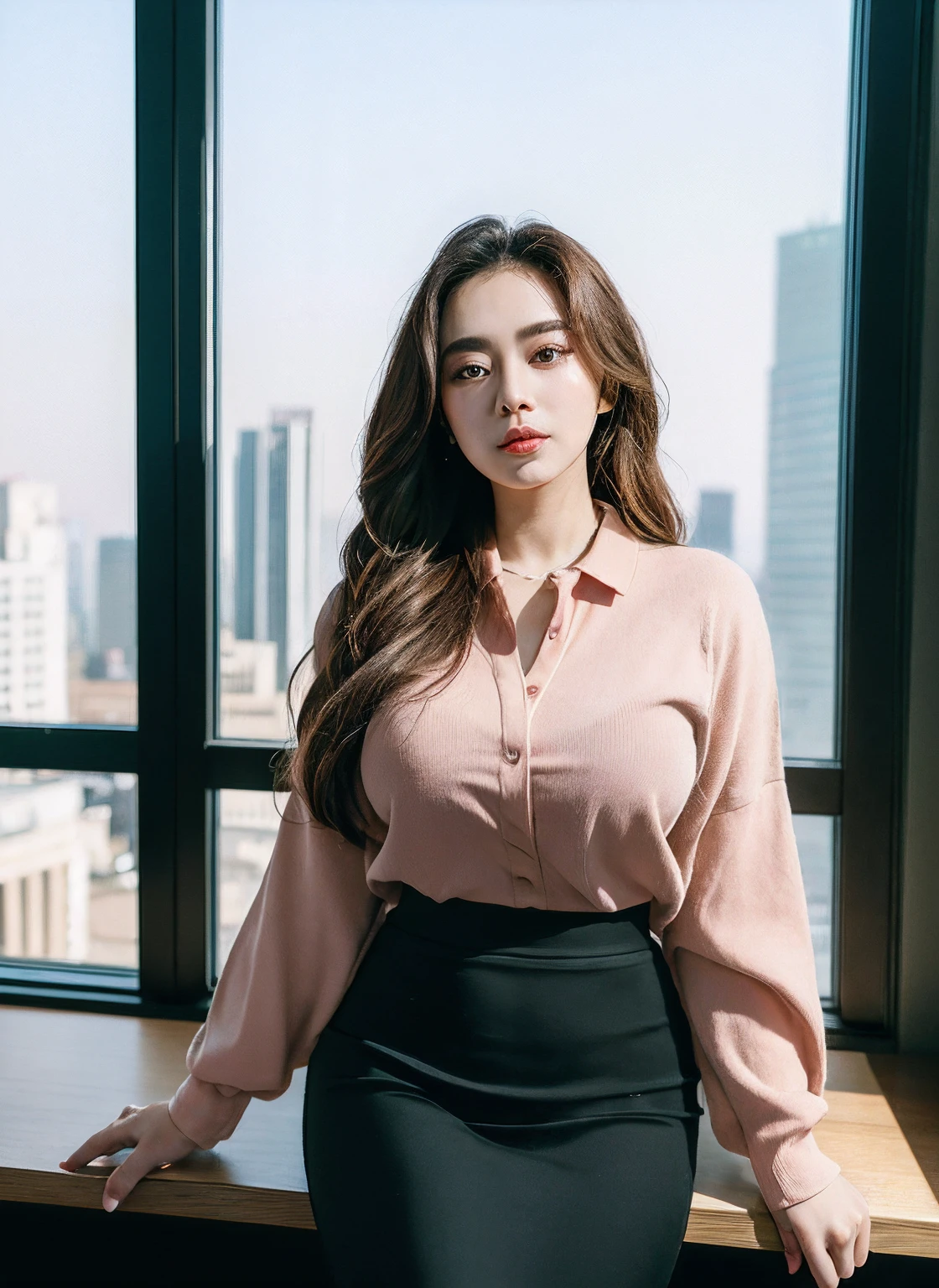 25 years old female, soio, A secretary, stunningly beautiful, (top-quality、8K、32K、tmasterpiece、NFFSW:1.3)、超A high resolution,(Photorealsitic:1.4),RAW photography, Detailed face,,Beautiful hair, Pink shirt,((Secretarial style)), thicc body, Tight skirts、 Natural makeup, Breast cleavage, Inside the office, Detailed background, Perfect lighting, depth of fields, Beautiful shadow gradient, ,