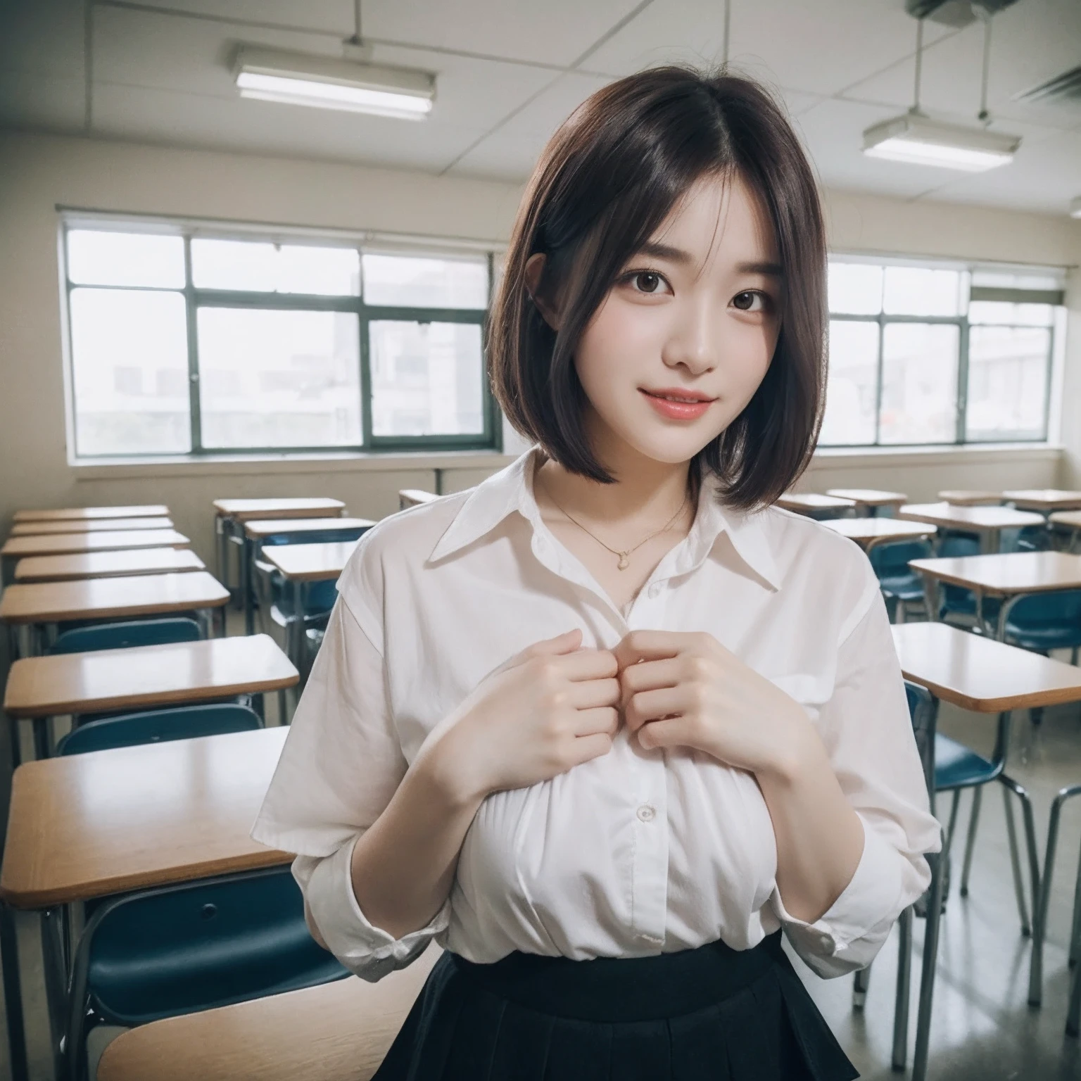 ((layered haircuts、Colossal tits:1.2)),（8K，highest  quality），full body shot shot，Watching from a distance，Distant shots，School Classroom，pupils，Class，playing game，Wearing a shirt JK skirt，Full body photography:1.9， Android， adolable， ssmile， Thin face， short detailed hair， 32K, tmasterpiece， Best picture quality，超A high resolution，Perfect hands，Looking_at_peeping at the viewer，