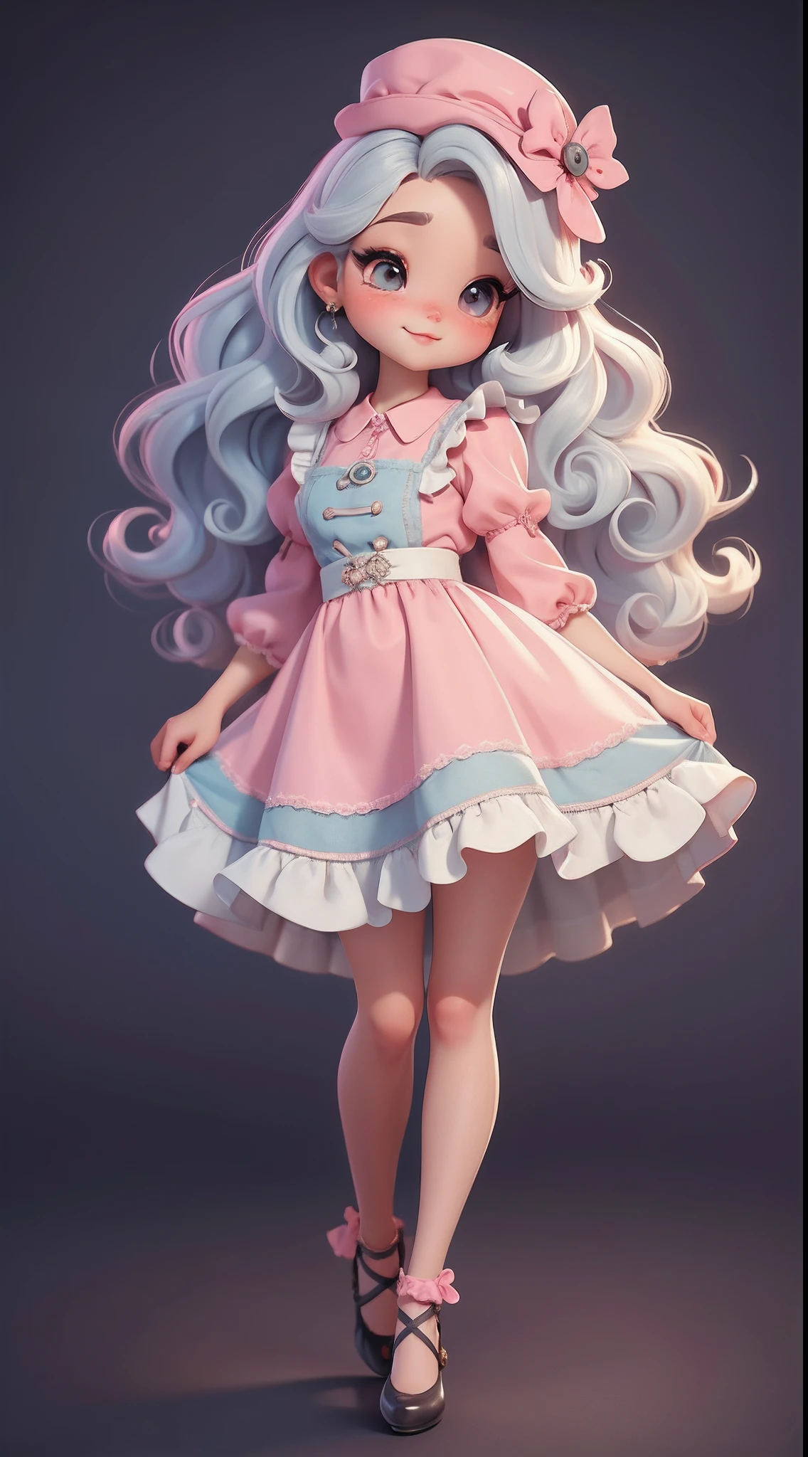 Create a series of chibi-style dolls with a cute pastry chef theme, each with lots of detail and in an 8K resolution. All dolls should follow the same solid background pattern and be complete in the image, mostrando o (corpo inteiro, incluindo as pernas: 1.5)

Boneca Doceira: Chame-a de Bella. Ela deve ter cabelo longo e cacheado em tons pastel, amarrado em duas marias-chiquinhas. Seus olhos devem ser grandes e brilhantes, with long eyelashes and rosy cheeks. Bella deve estar vestida com um vestido de confeiteira, com avental estampado de cupcakes e saia rodada. She must wear a chef's cap and have a pastry bag in her hand, enquanto na outra segura um prato com cupcakes decorados. Don't forget the details of the cupcakes, com coberturas coloridas e enfeites encantadores, sapato bonito

Certifique-se de adicionar sombras, texturas e detalhes nos cabelos, roupas, confectionery utensils and sweets from each doll, to make them even more adorable and charming.