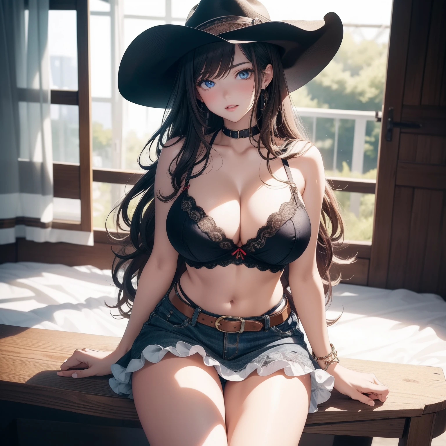 sit with legs wide open, cowgirl fashion, mini skirt, western boots, western hat, western fashion, lace bra and panty, super high image, super detail, super high resolution, anime, manga, illustration, beautiful cute woman, white glossy short wavy flowing layered messy hair, blue sparkling big eyes, red alluring moist thick lips, ecstatic expression, amorous expression, seductive look, huge breasts, under boob, side boob, great proportion, perfect proportion, slender, full body, professional lighting